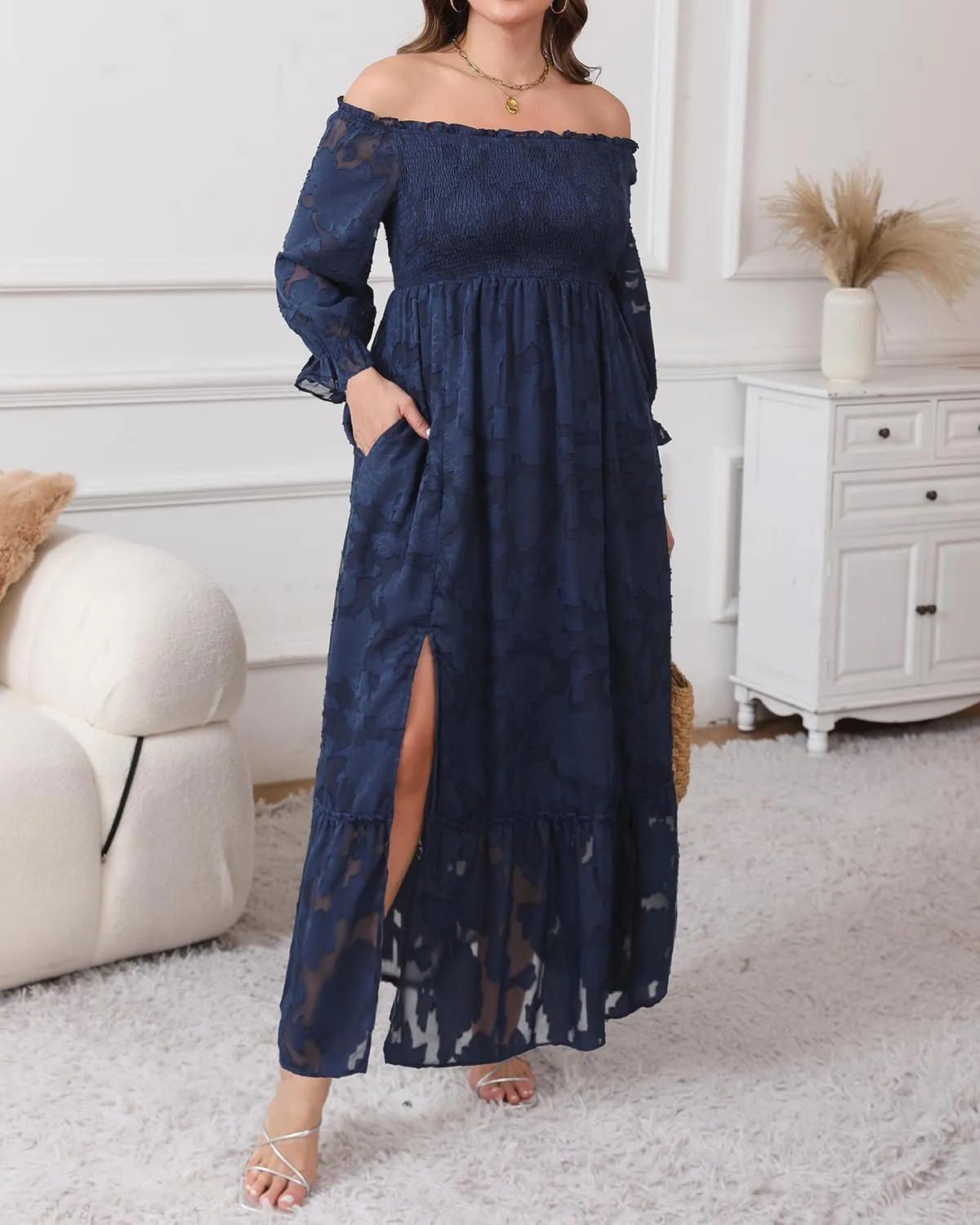 Plus Size Summer Dresses Maxi - Boho Casual Off Shoulder Floral Lace Long Dress with Pockets