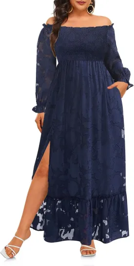Plus Size Summer Dresses Maxi - Boho Casual Off Shoulder Floral Lace Long Dress with Pockets