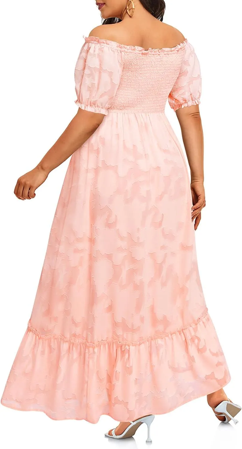 Plus Size Summer Dresses Maxi - Boho Casual Off Shoulder Floral Lace Long Dress with Pockets