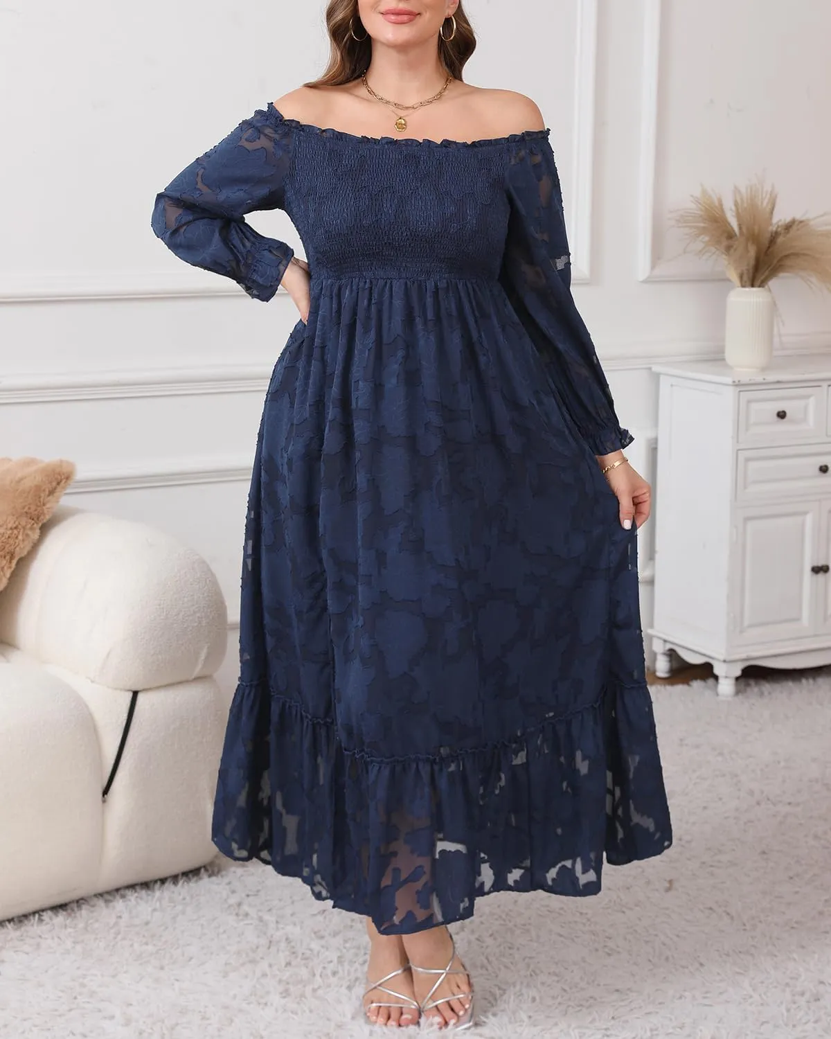 Plus Size Summer Dresses Maxi - Boho Casual Off Shoulder Floral Lace Long Dress with Pockets