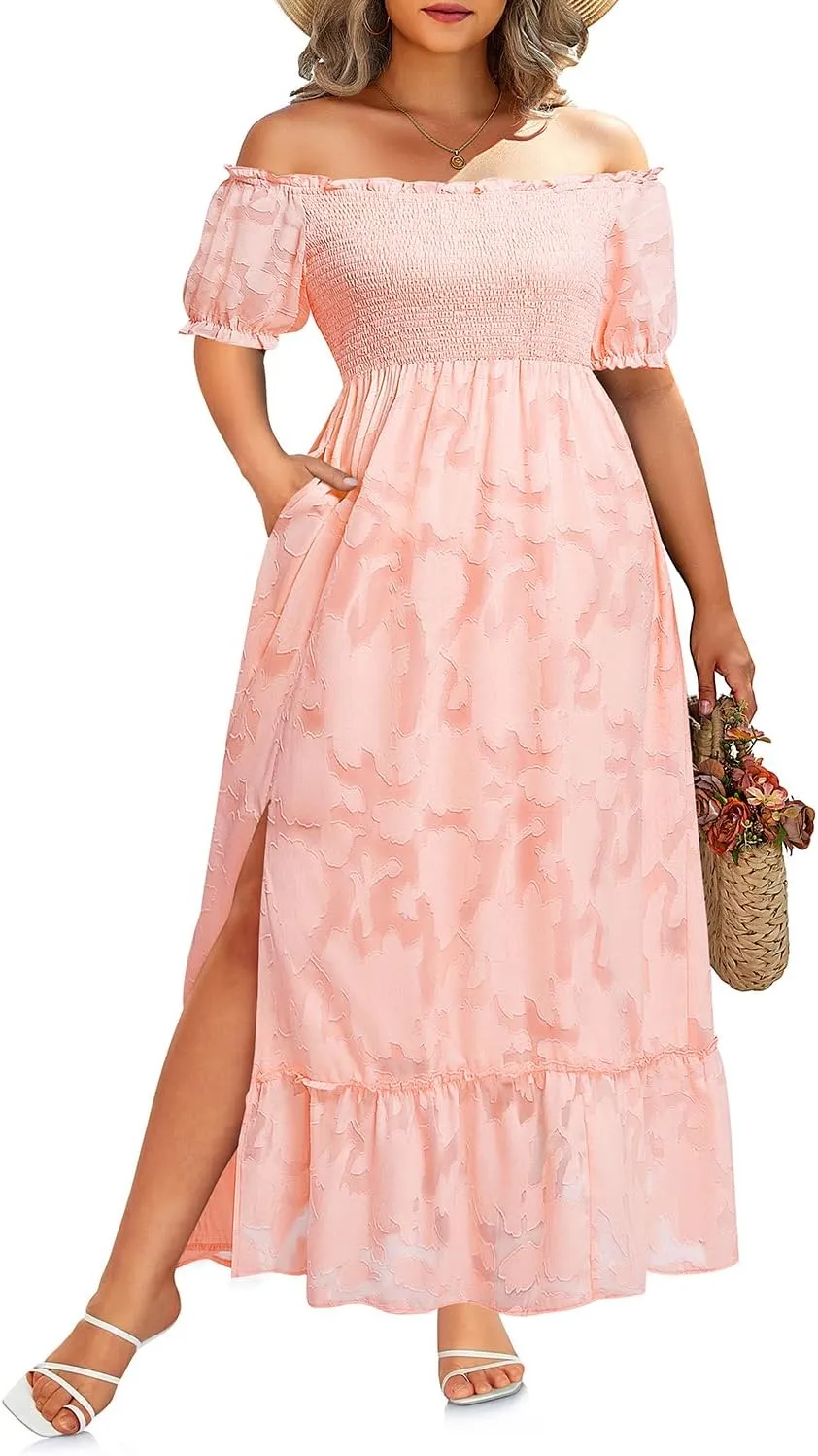 Plus Size Summer Dresses Maxi - Boho Casual Off Shoulder Floral Lace Long Dress with Pockets