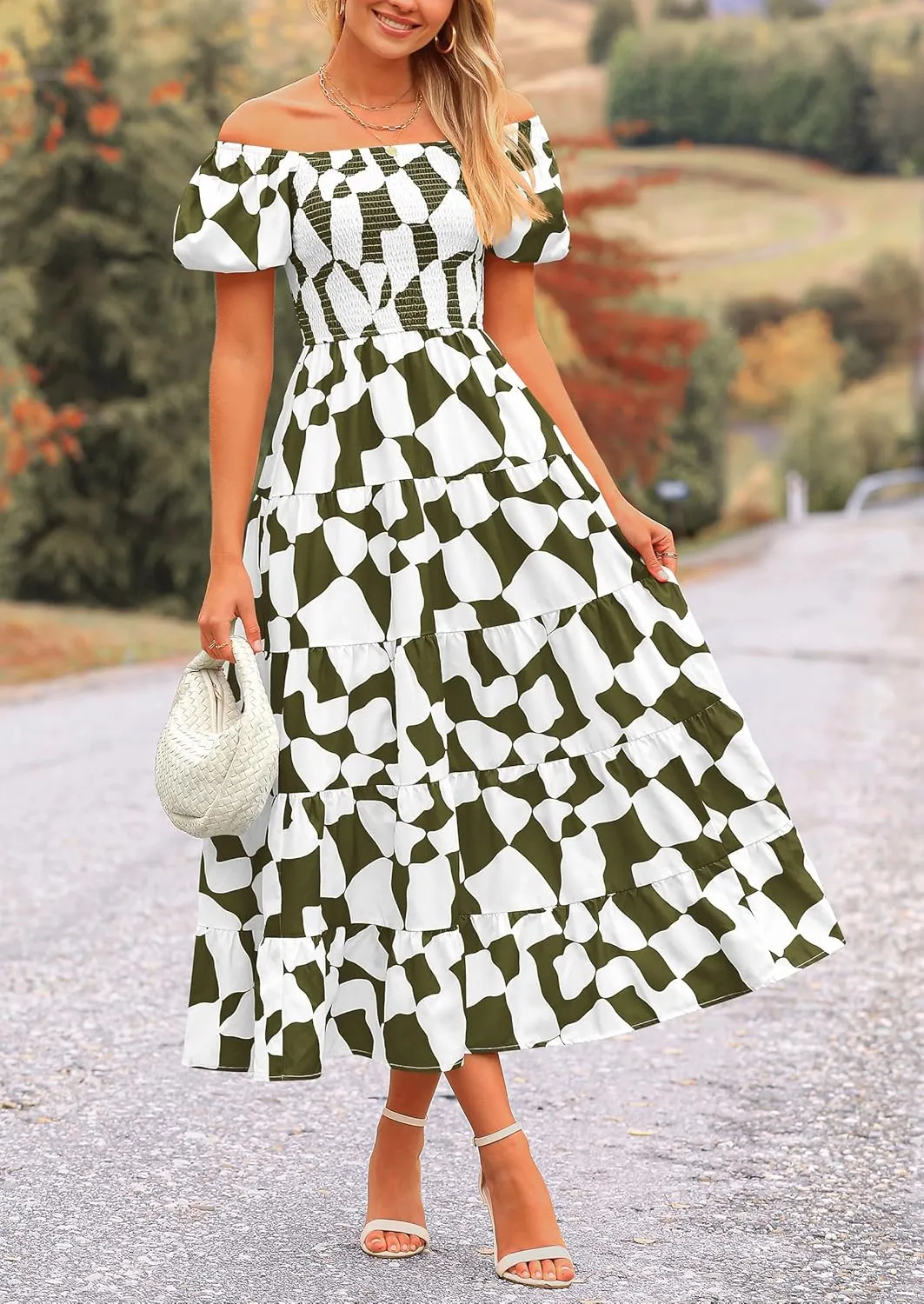 PRETTYGARDEN Women's 2025 Summer Boho Midi Dress Off Shoulder Puff Sleeve Print Smocked Ruffle Beach Long Flowy Dresses