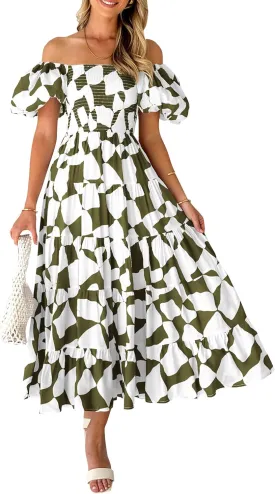PRETTYGARDEN Women's 2025 Summer Boho Midi Dress Off Shoulder Puff Sleeve Print Smocked Ruffle Beach Long Flowy Dresses