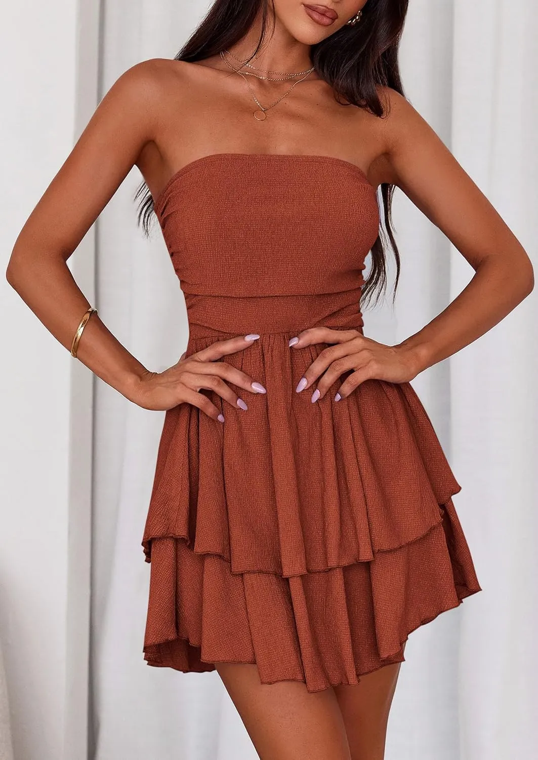 PRETTYGARDEN Women's 2025 Summer Strapless Tube Mini Dress Off Shoulder Smocked Ruffle A Line Flowy Short Party Club Dresses