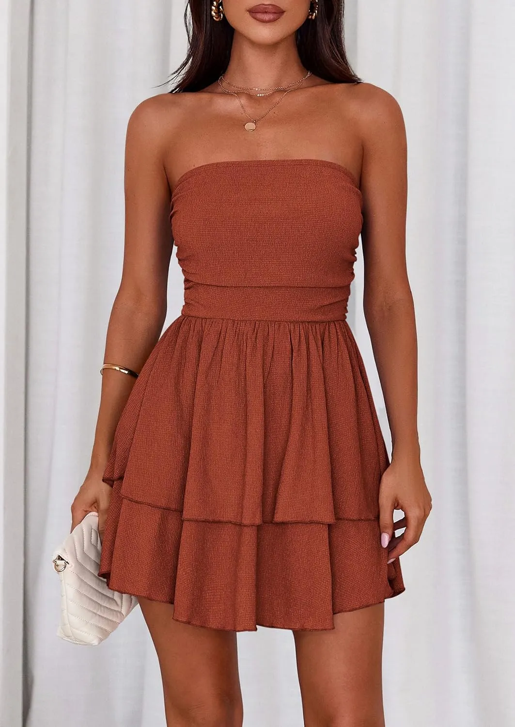 PRETTYGARDEN Women's 2025 Summer Strapless Tube Mini Dress Off Shoulder Smocked Ruffle A Line Flowy Short Party Club Dresses
