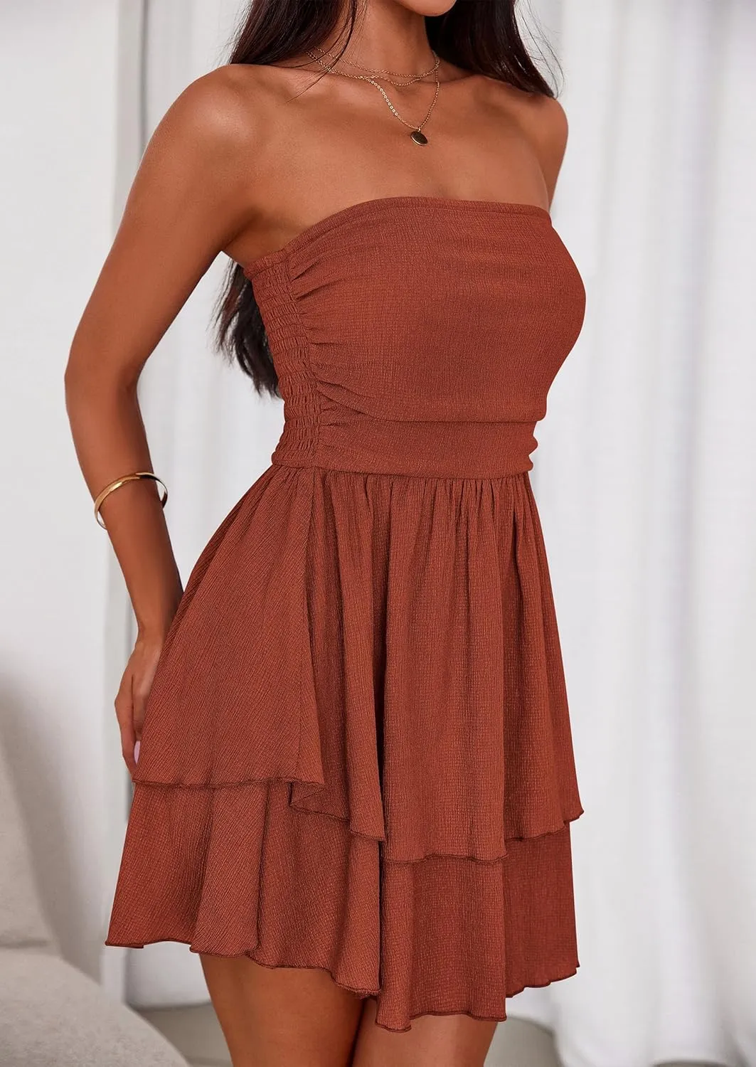 PRETTYGARDEN Women's 2025 Summer Strapless Tube Mini Dress Off Shoulder Smocked Ruffle A Line Flowy Short Party Club Dresses