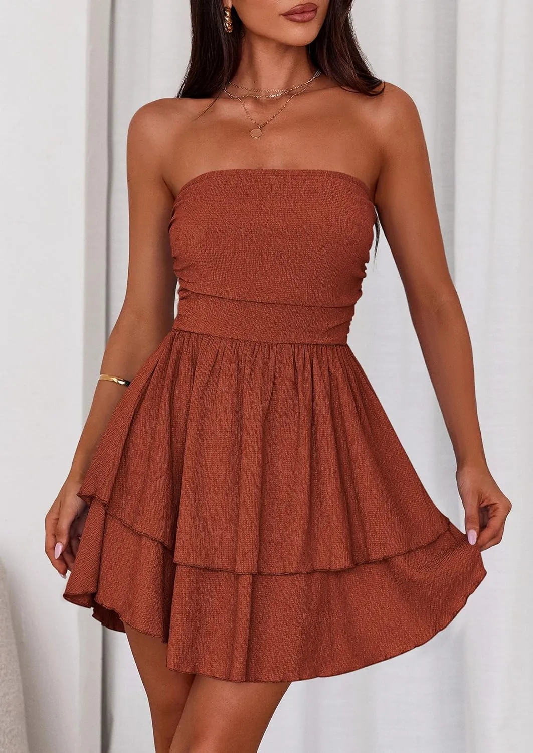 PRETTYGARDEN Women's 2025 Summer Strapless Tube Mini Dress Off Shoulder Smocked Ruffle A Line Flowy Short Party Club Dresses