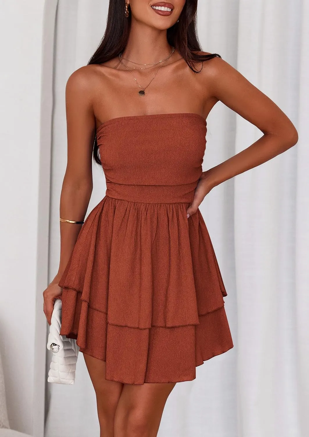 PRETTYGARDEN Women's 2025 Summer Strapless Tube Mini Dress Off Shoulder Smocked Ruffle A Line Flowy Short Party Club Dresses