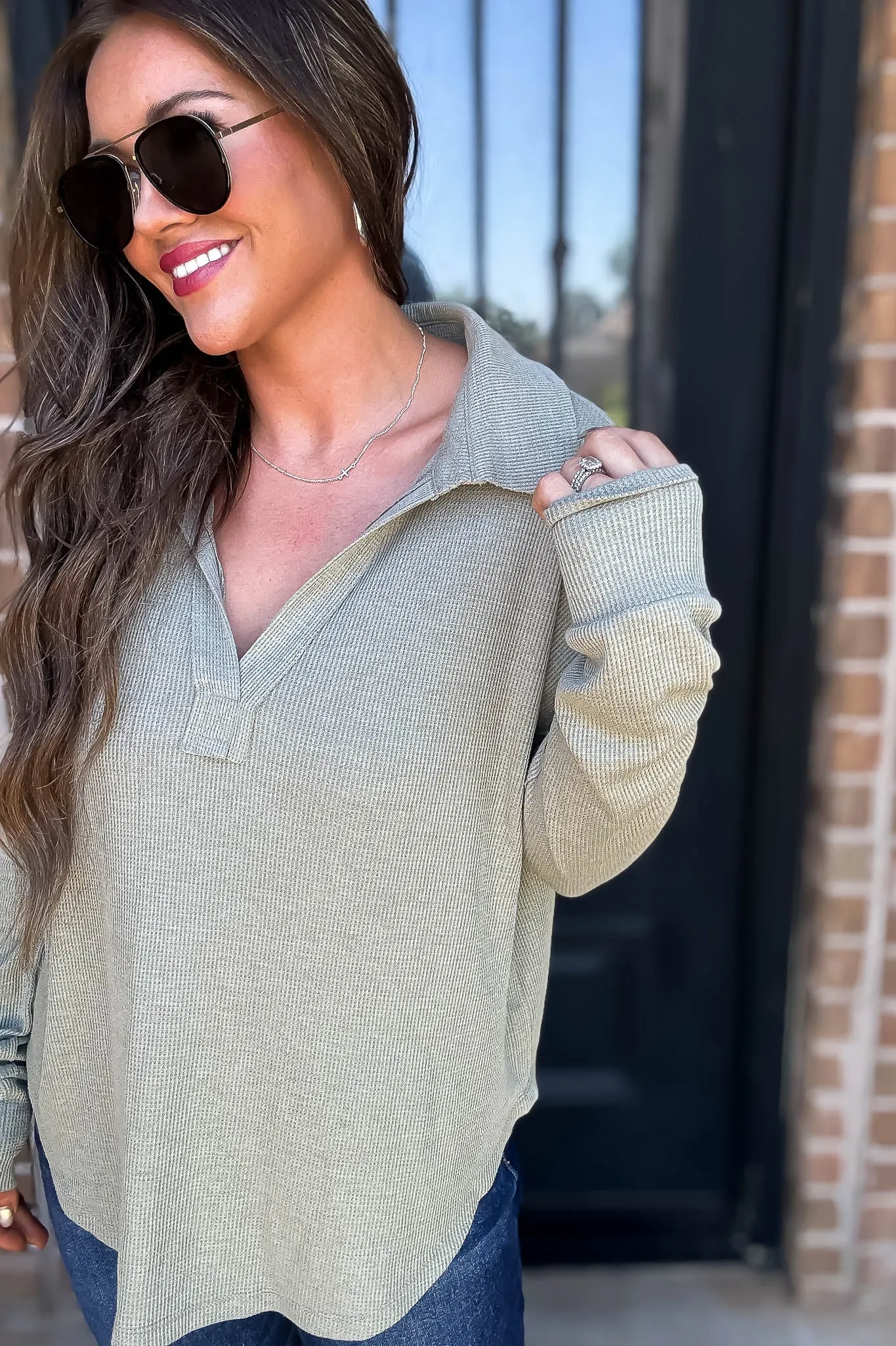 Ribbed Olive Collar V-Neck Top