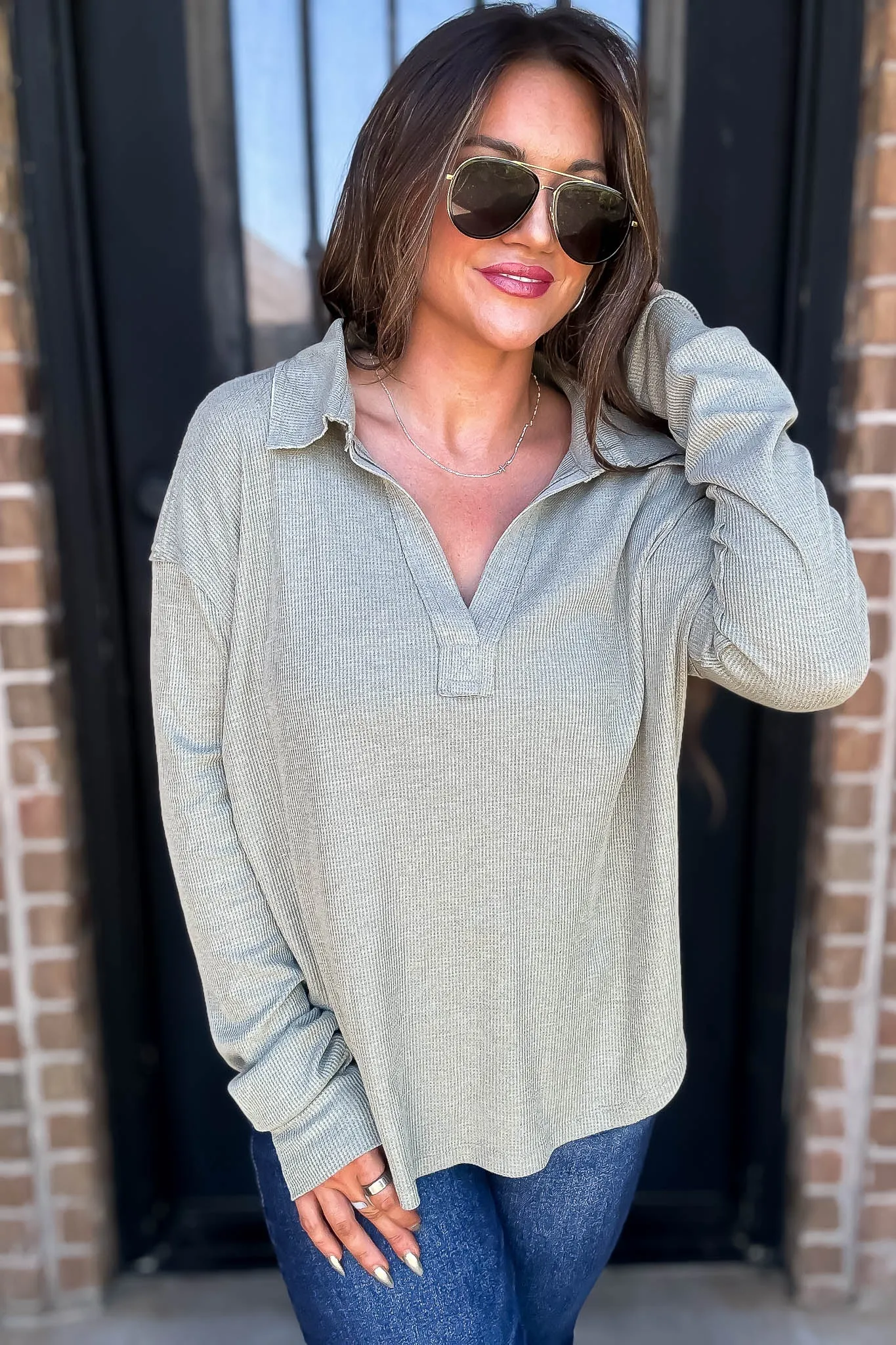 Ribbed Olive Collar V-Neck Top