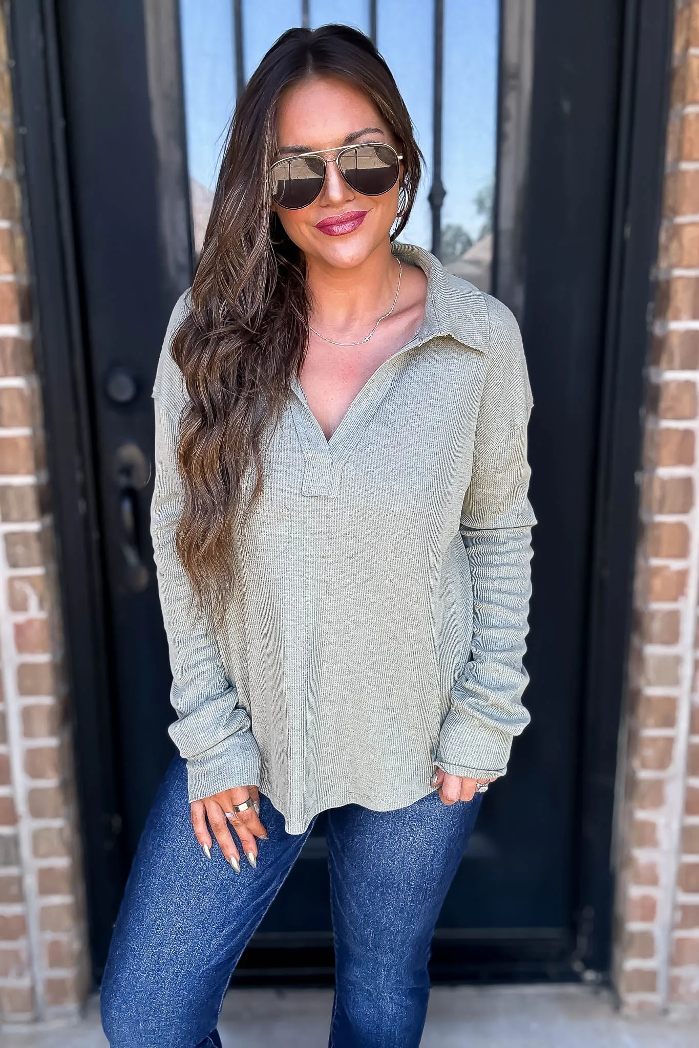 Ribbed Olive Collar V-Neck Top