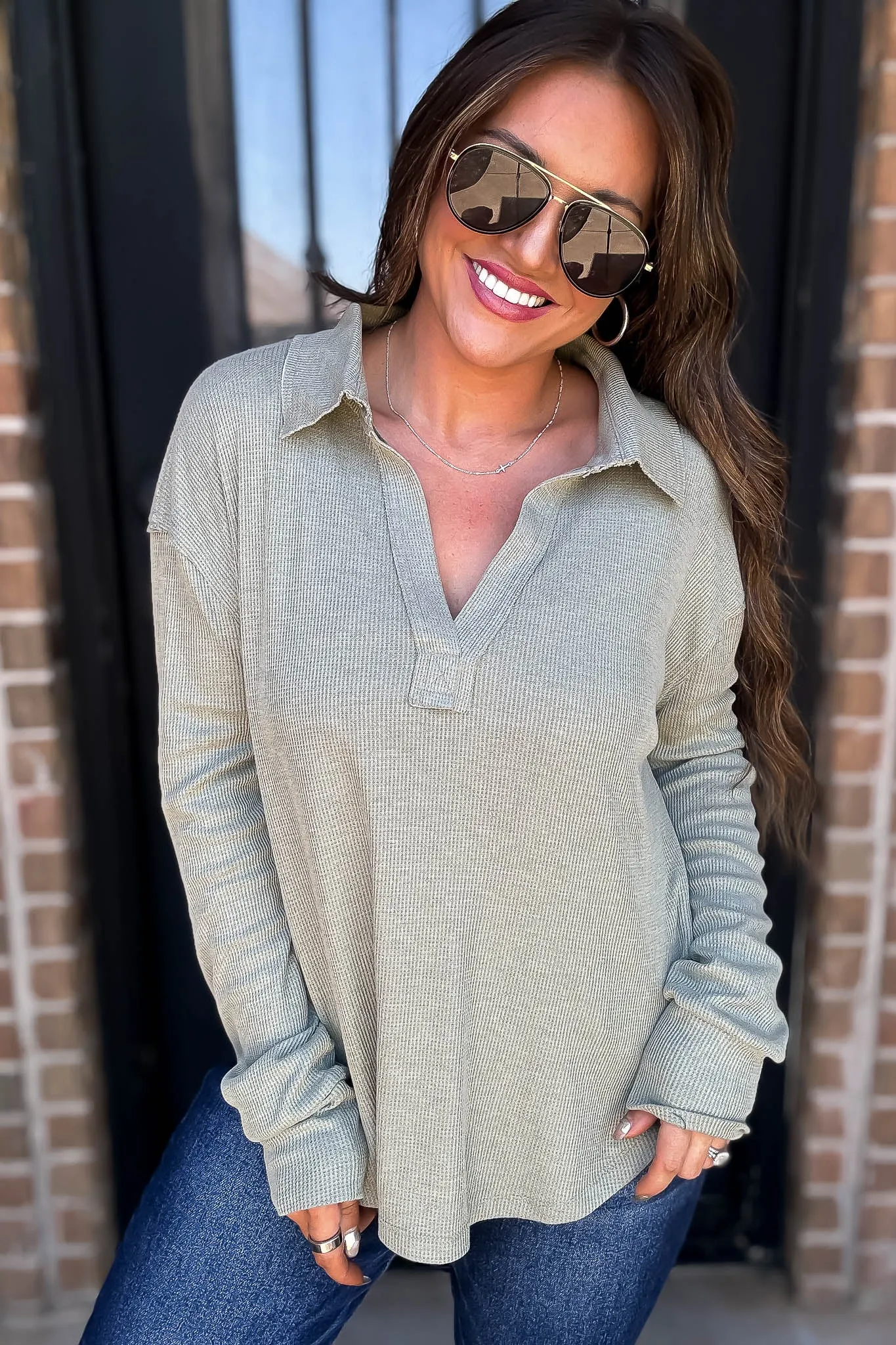 Ribbed Olive Collar V-Neck Top