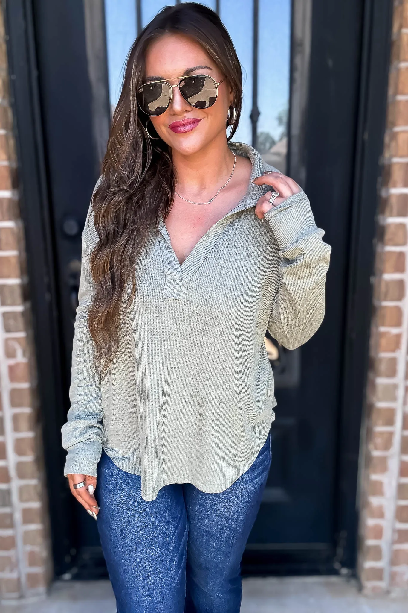 Ribbed Olive Collar V-Neck Top