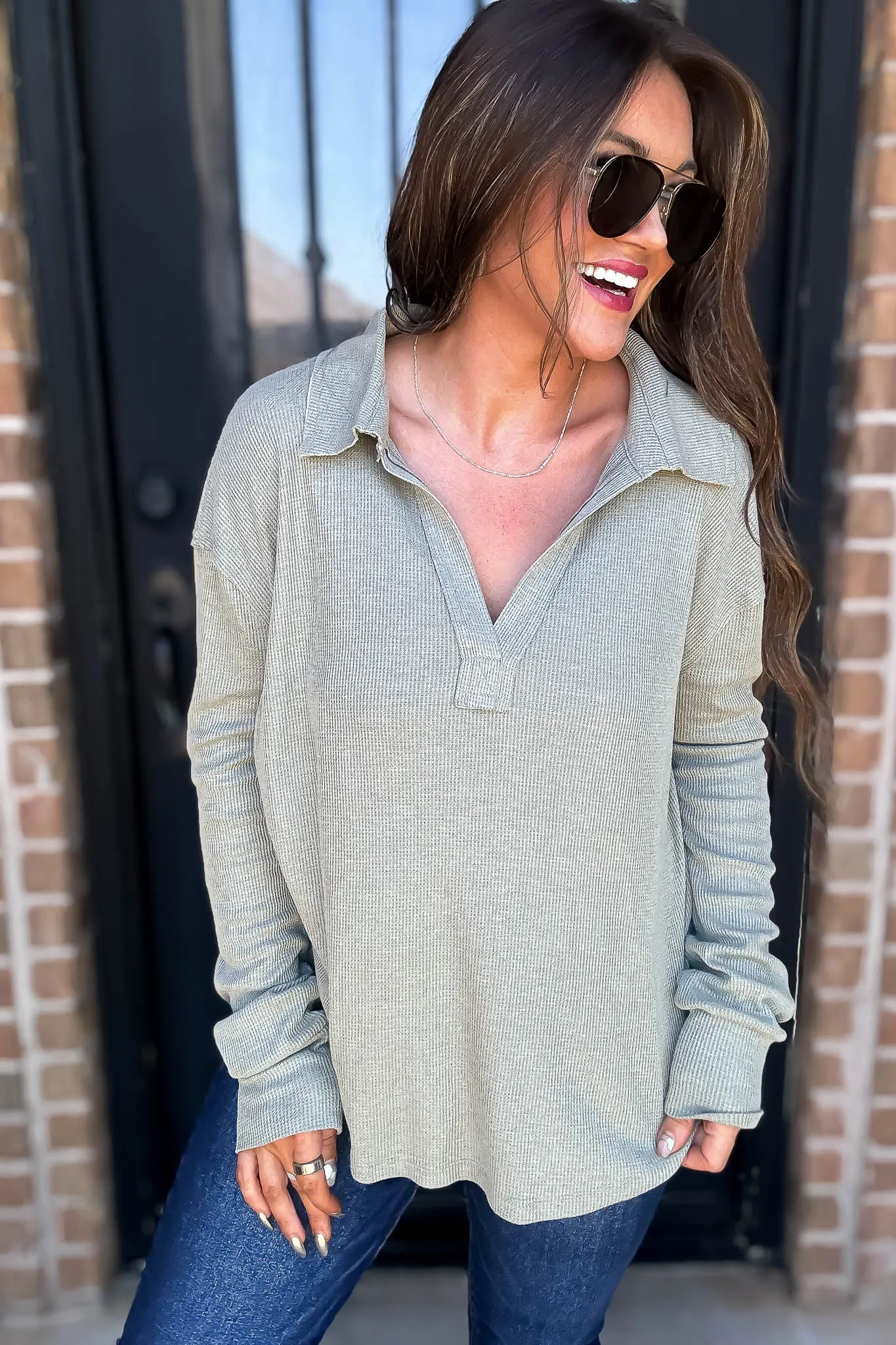 Ribbed Olive Collar V-Neck Top