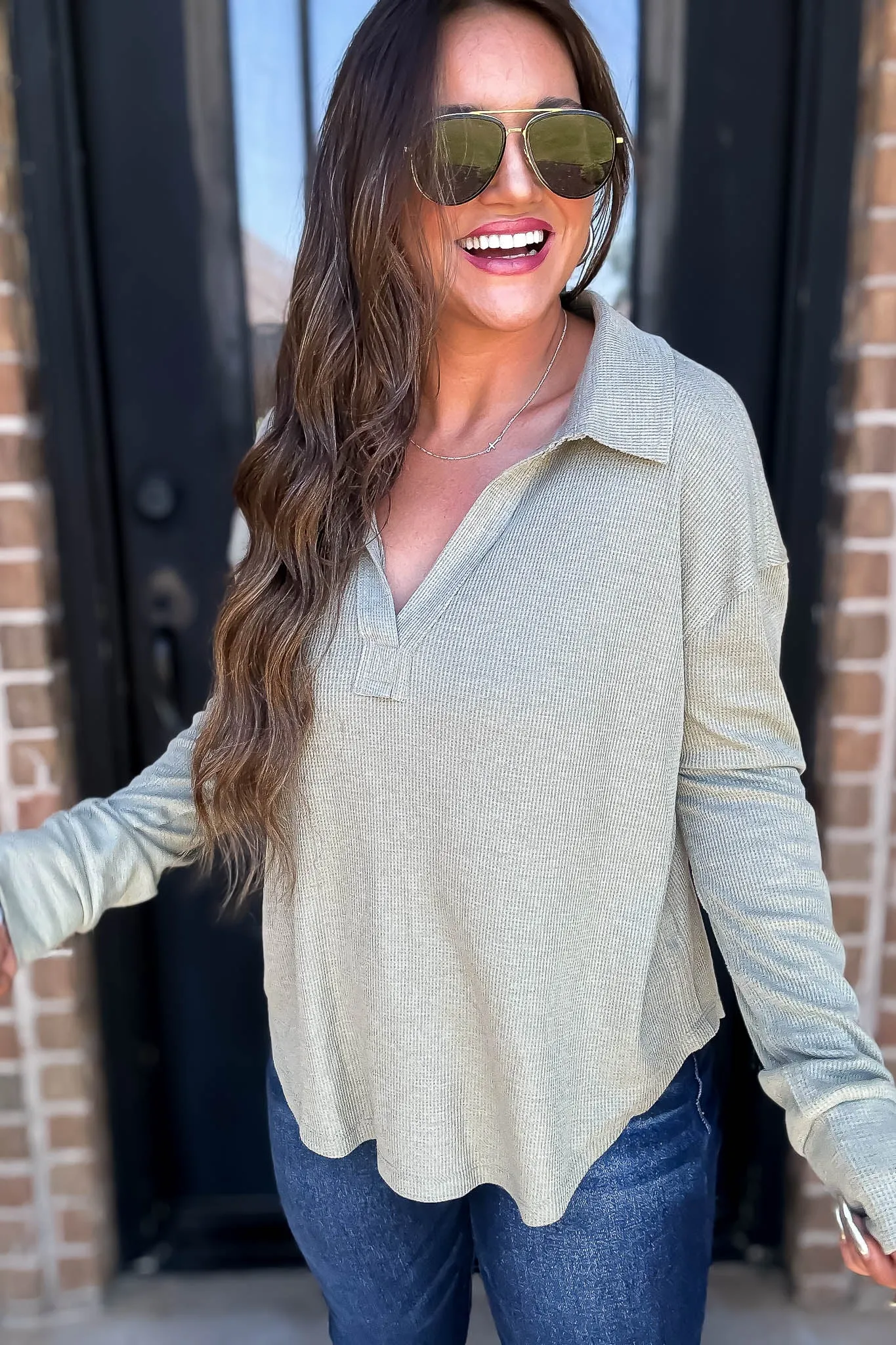 Ribbed Olive Collar V-Neck Top