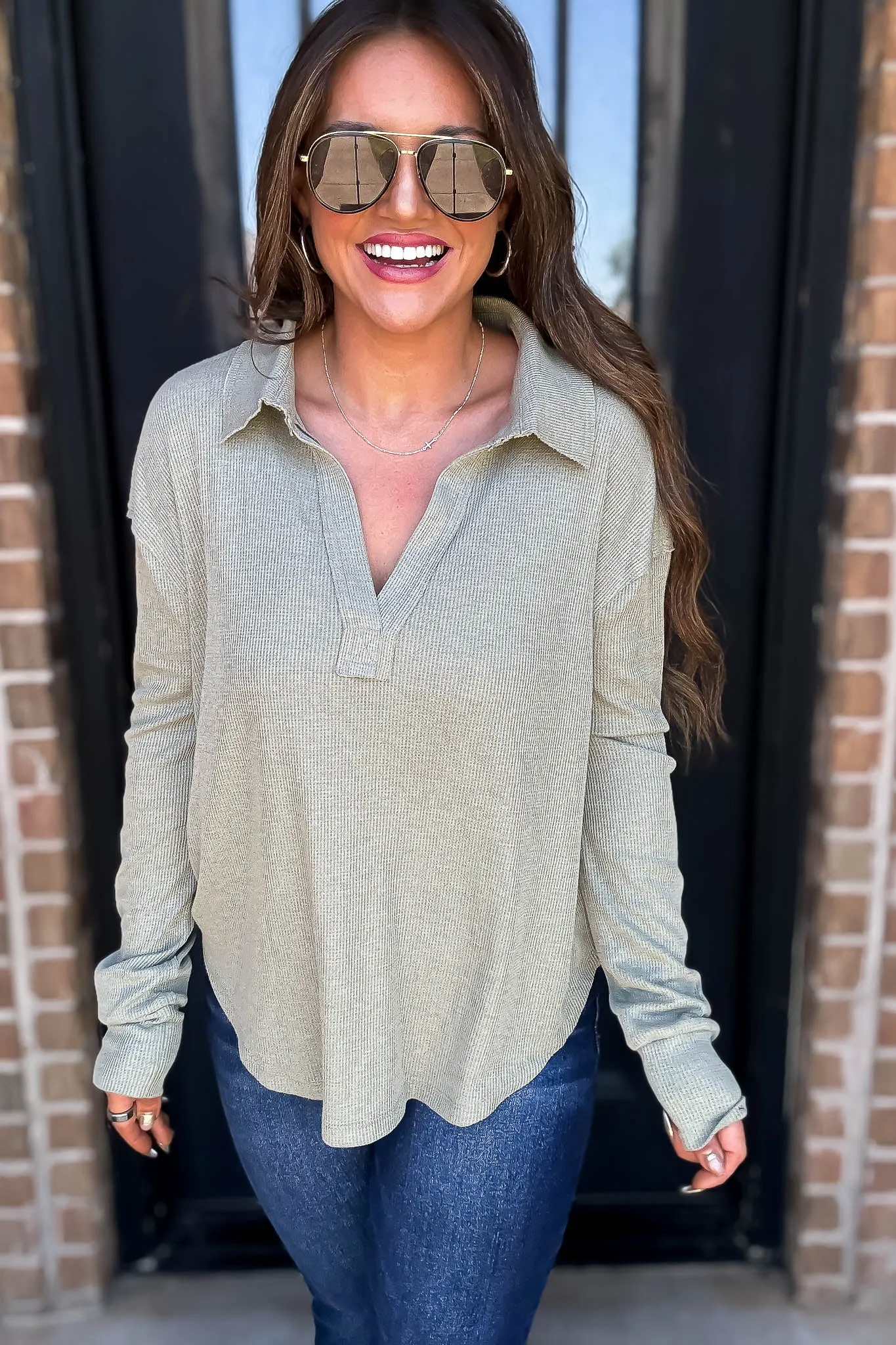 Ribbed Olive Collar V-Neck Top