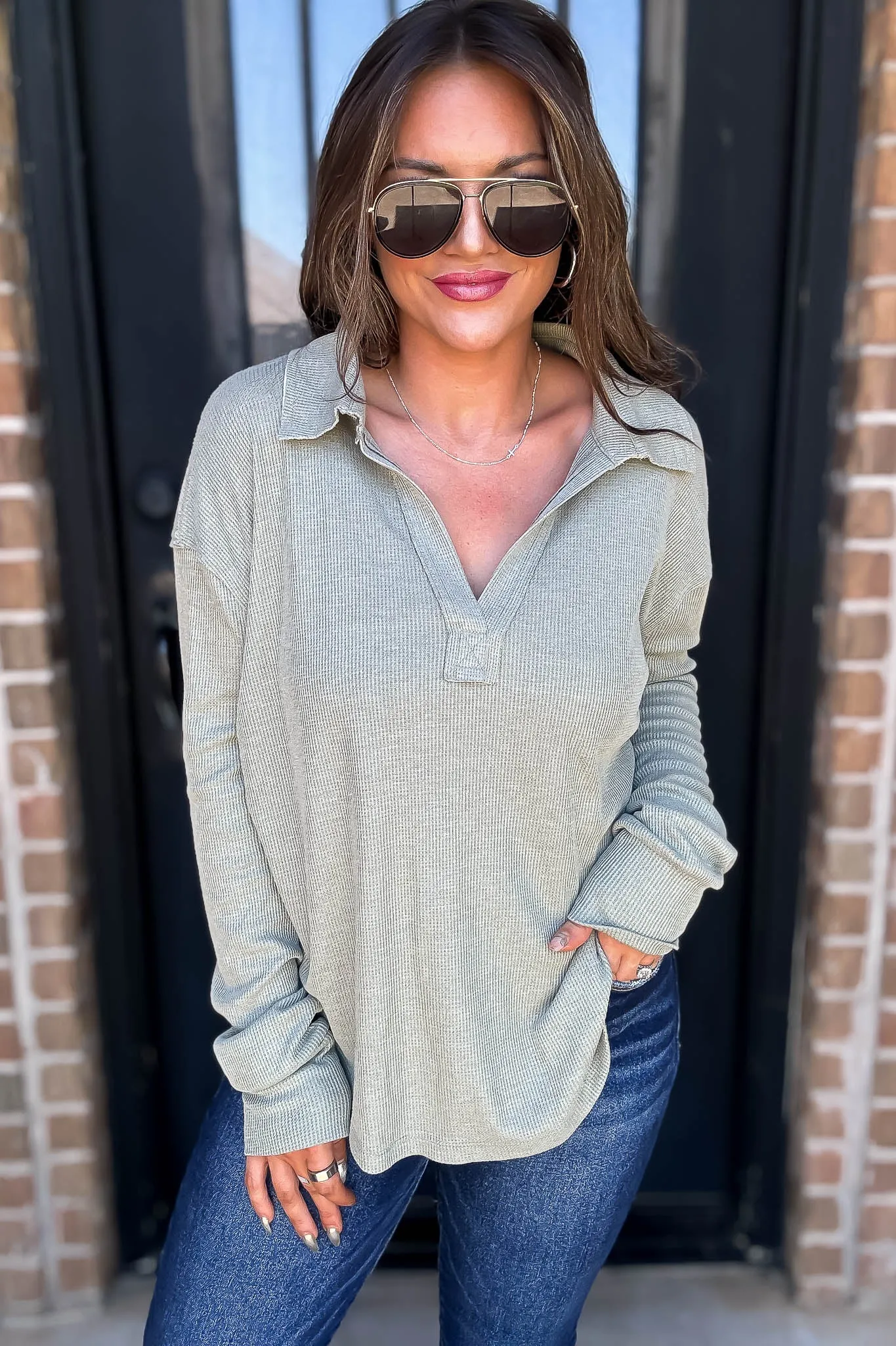 Ribbed Olive Collar V-Neck Top