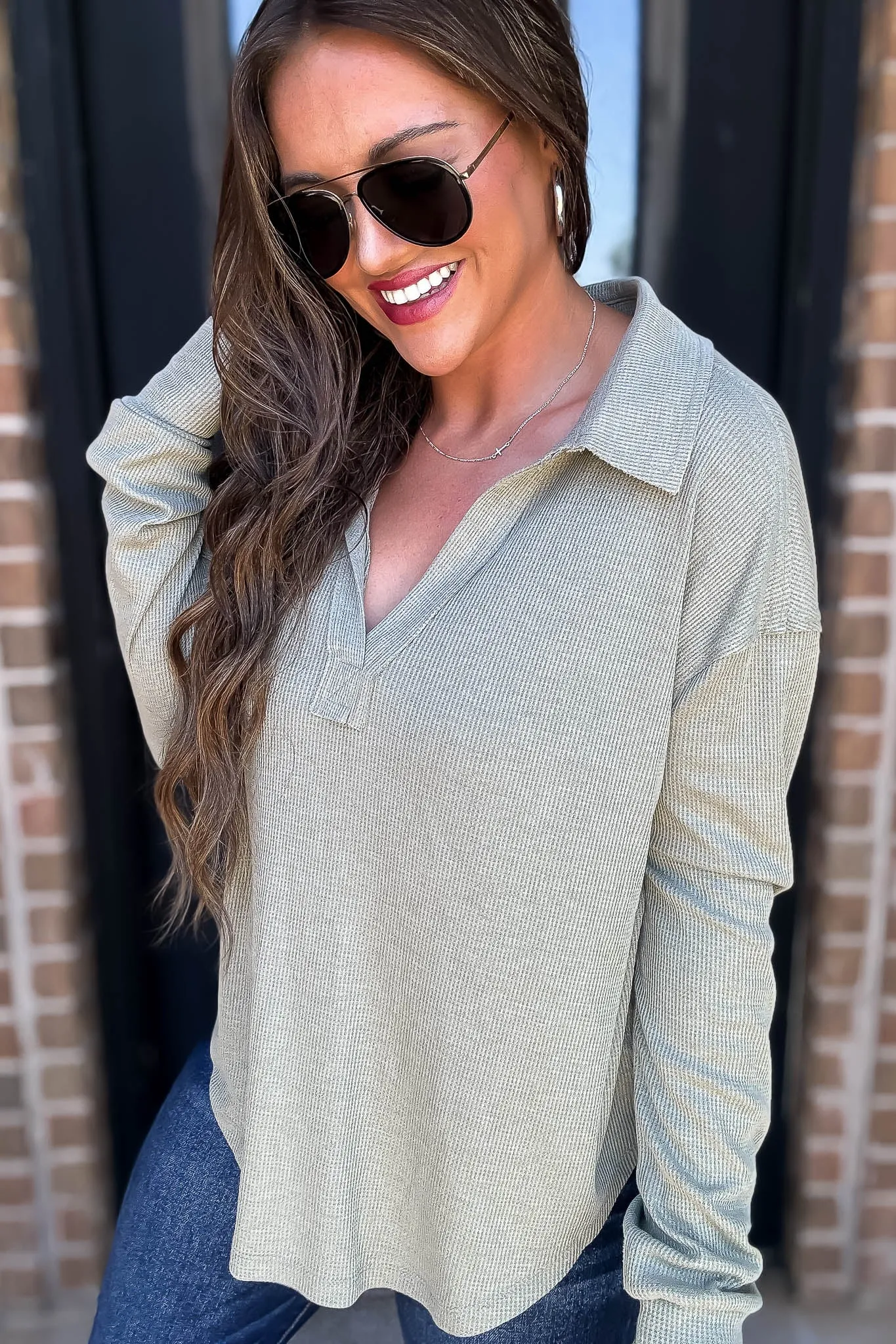 Ribbed Olive Collar V-Neck Top