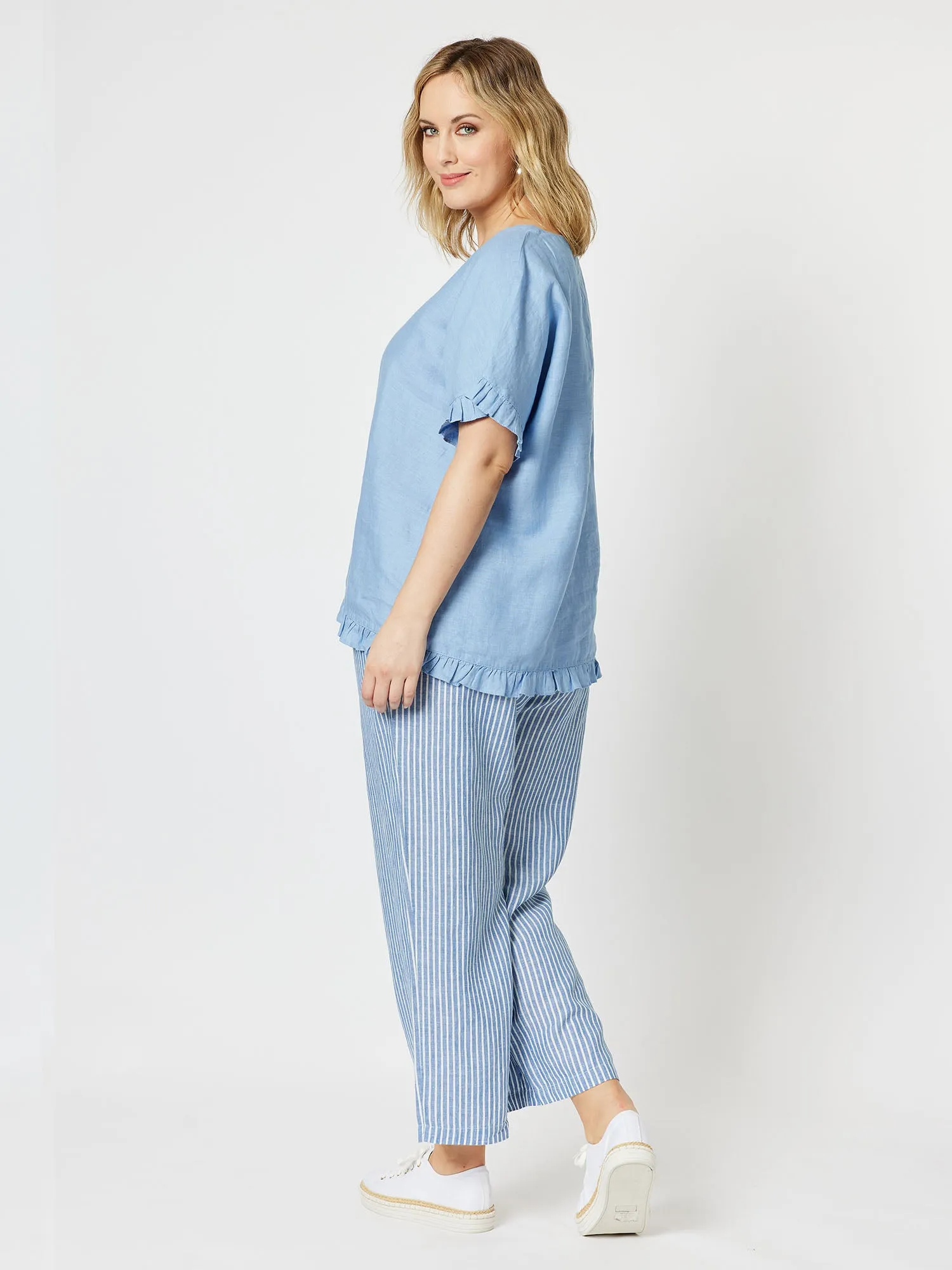 Ruffle Hem Linen Top - Denim