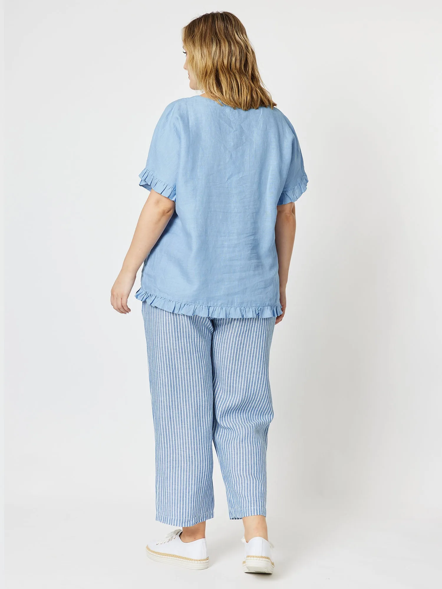 Ruffle Hem Linen Top - Denim