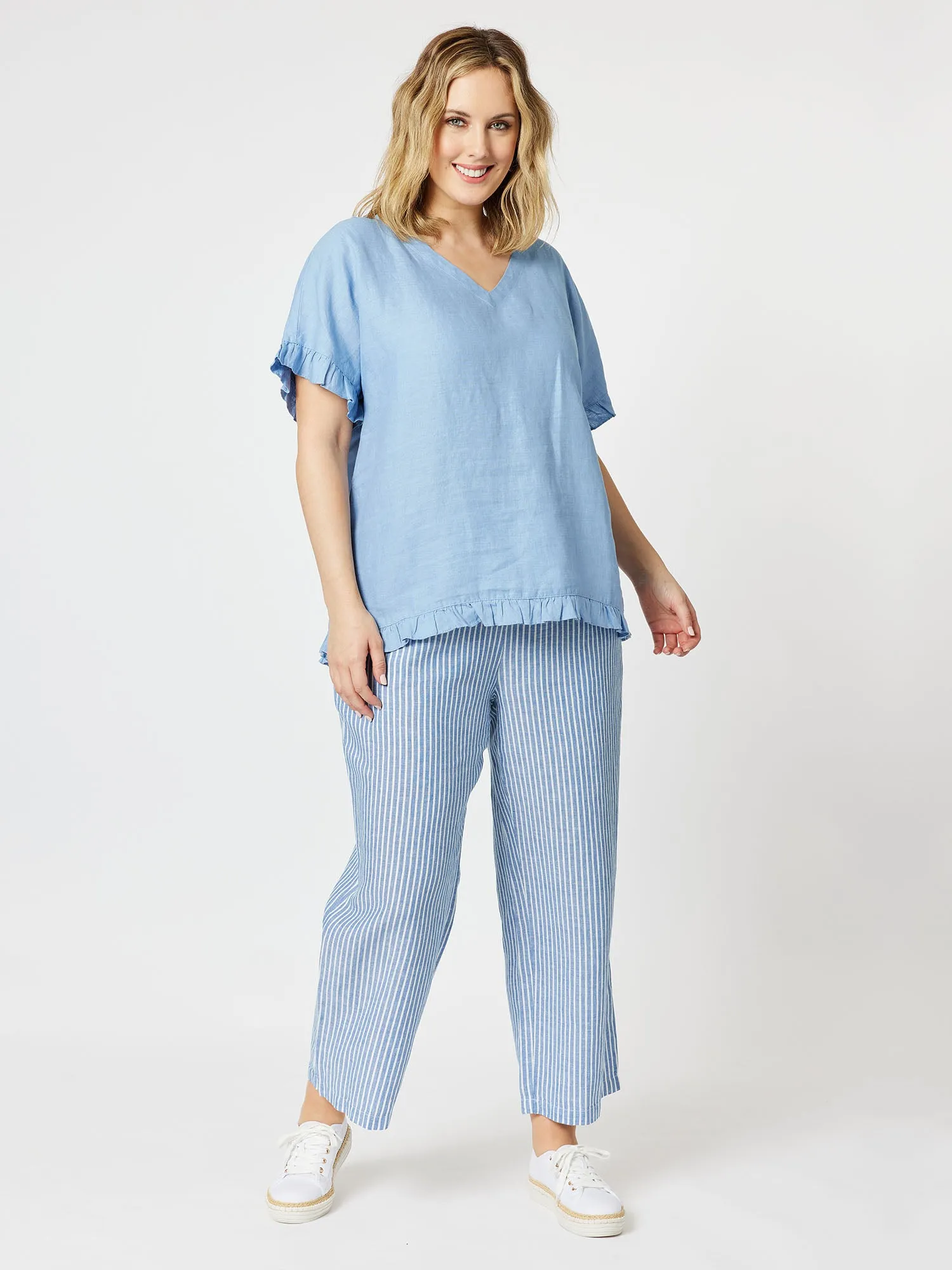 Ruffle Hem Linen Top - Denim