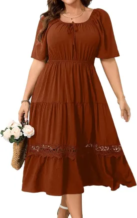 RWJ Women's Plus Size Maxi Dress Short Sleeve Square Neck Flowy A-Line Lace Trim Flutter Party Casual Off Shoulder Dresses