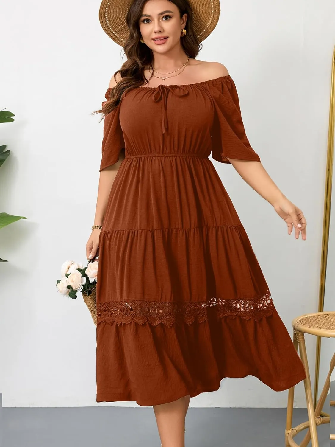 RWJ Women's Plus Size Maxi Dress Short Sleeve Square Neck Flowy A-Line Lace Trim Flutter Party Casual Off Shoulder Dresses