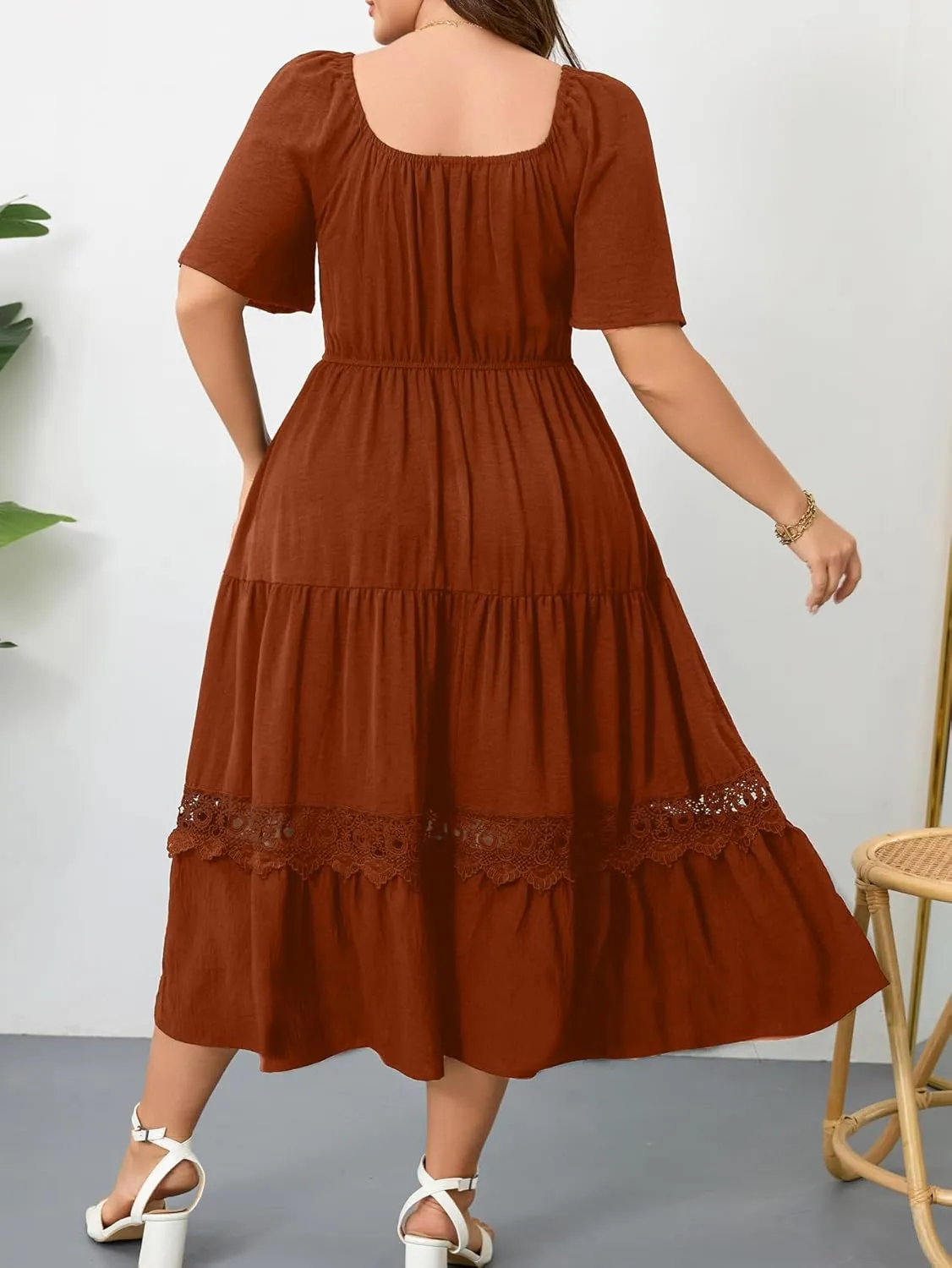 RWJ Women's Plus Size Maxi Dress Short Sleeve Square Neck Flowy A-Line Lace Trim Flutter Party Casual Off Shoulder Dresses