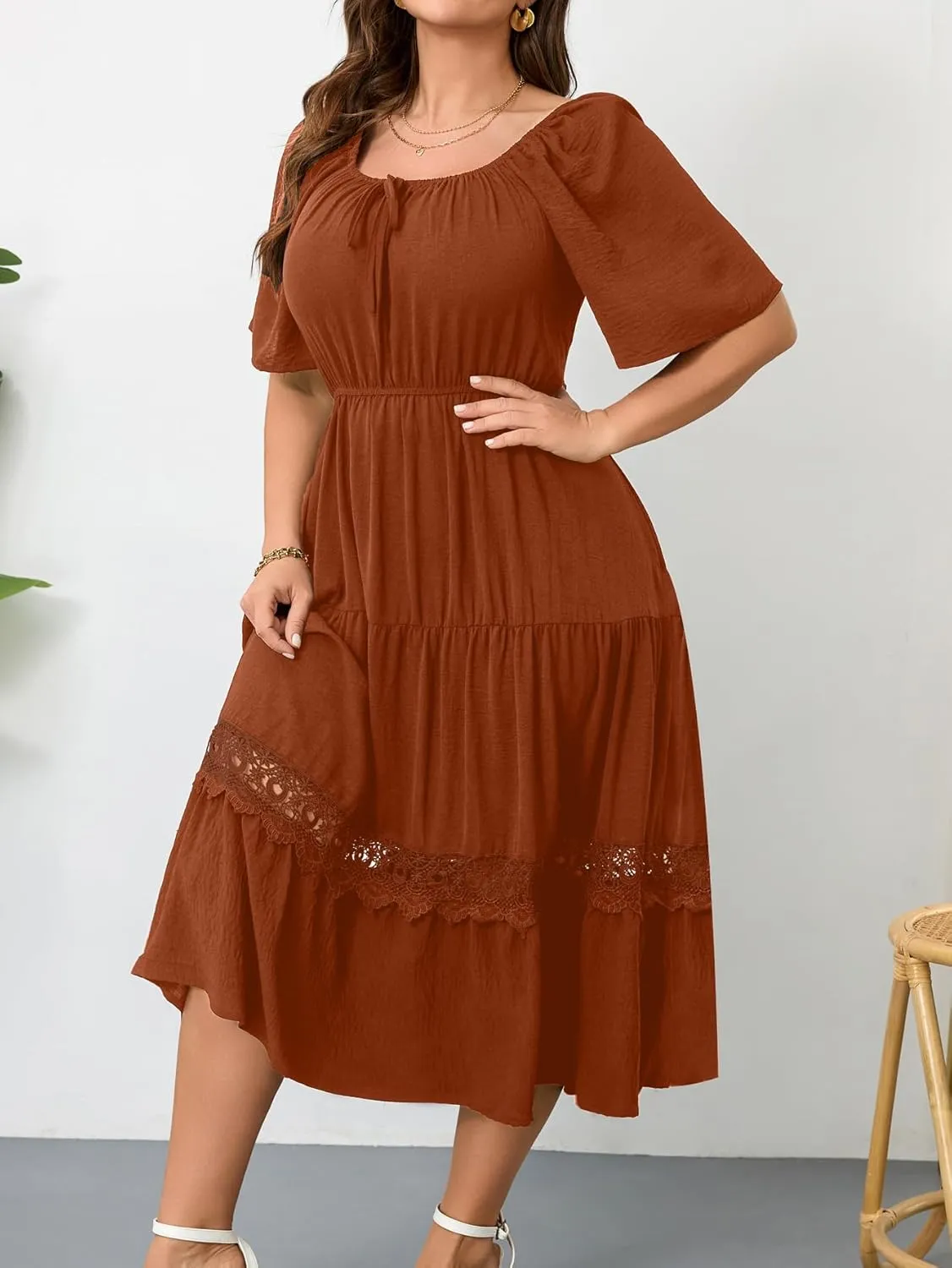 RWJ Women's Plus Size Maxi Dress Short Sleeve Square Neck Flowy A-Line Lace Trim Flutter Party Casual Off Shoulder Dresses