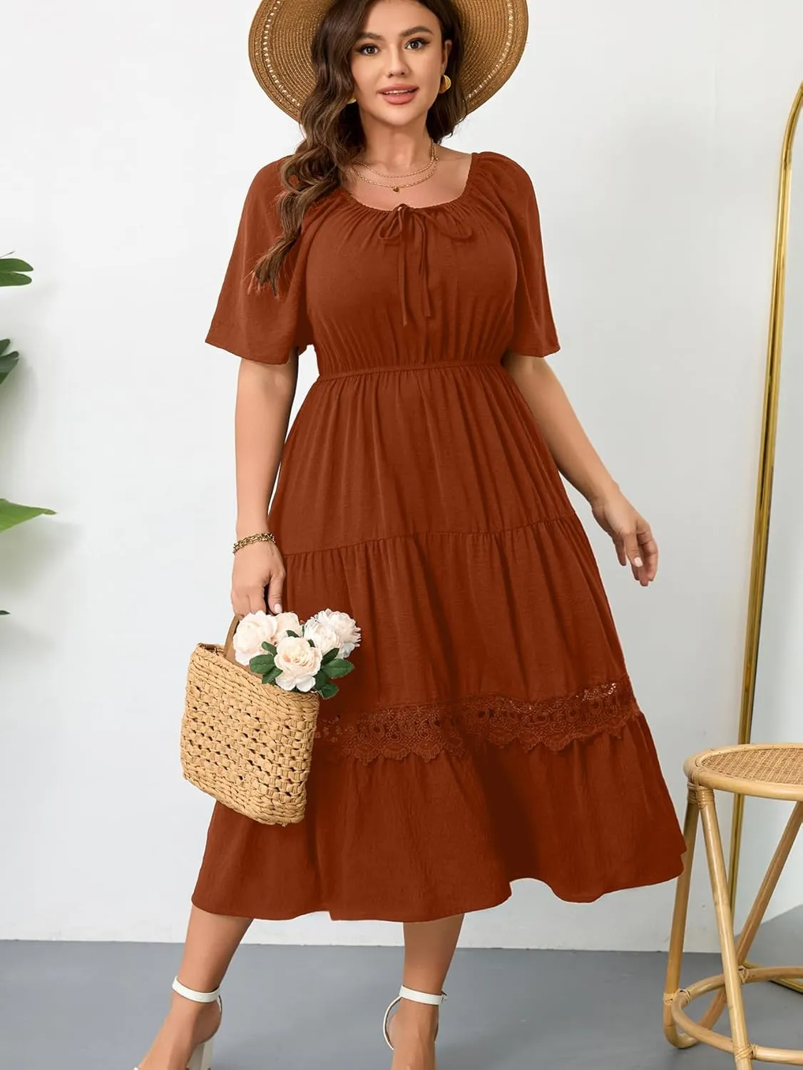 RWJ Women's Plus Size Maxi Dress Short Sleeve Square Neck Flowy A-Line Lace Trim Flutter Party Casual Off Shoulder Dresses