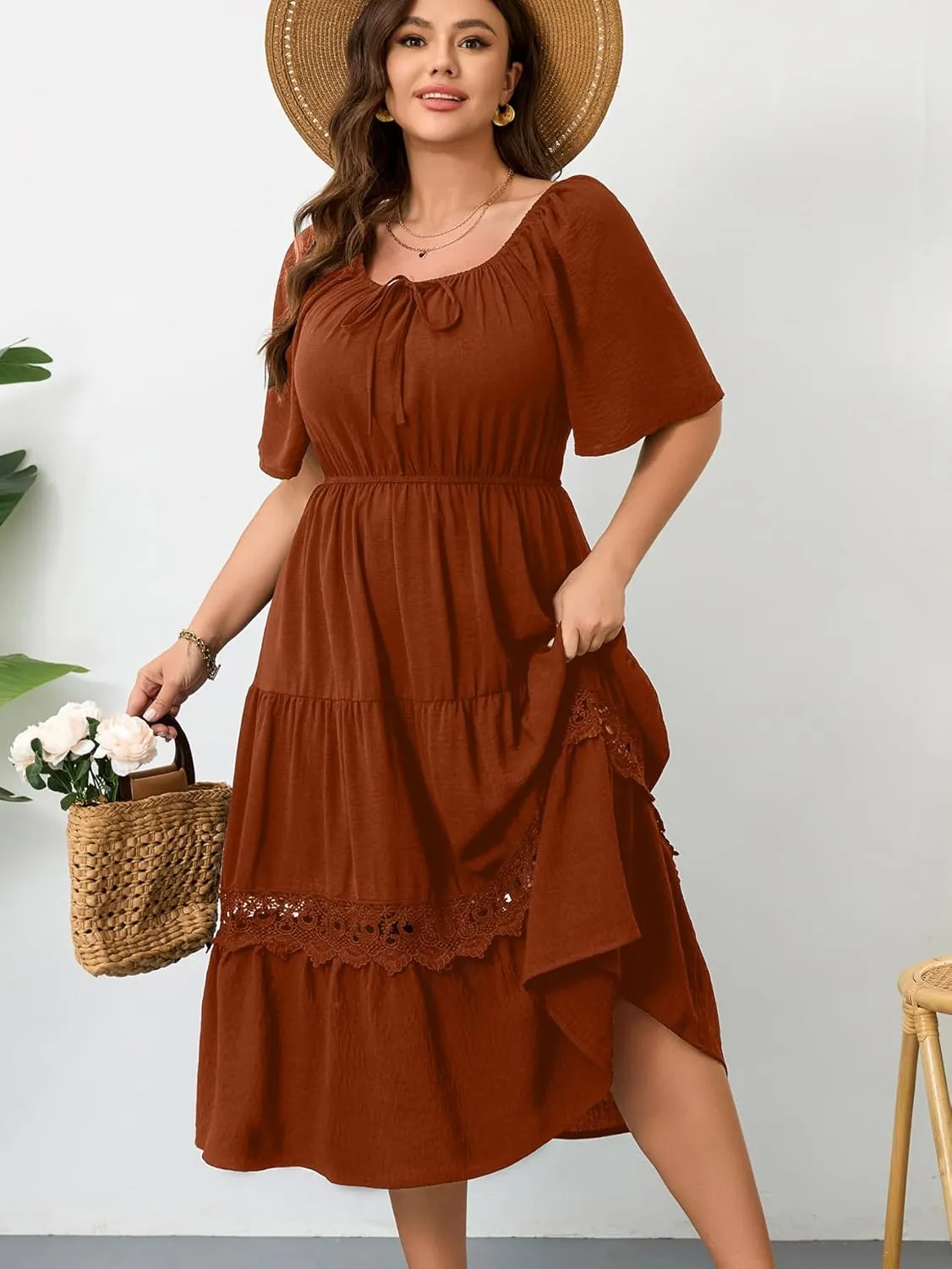 RWJ Women's Plus Size Maxi Dress Short Sleeve Square Neck Flowy A-Line Lace Trim Flutter Party Casual Off Shoulder Dresses
