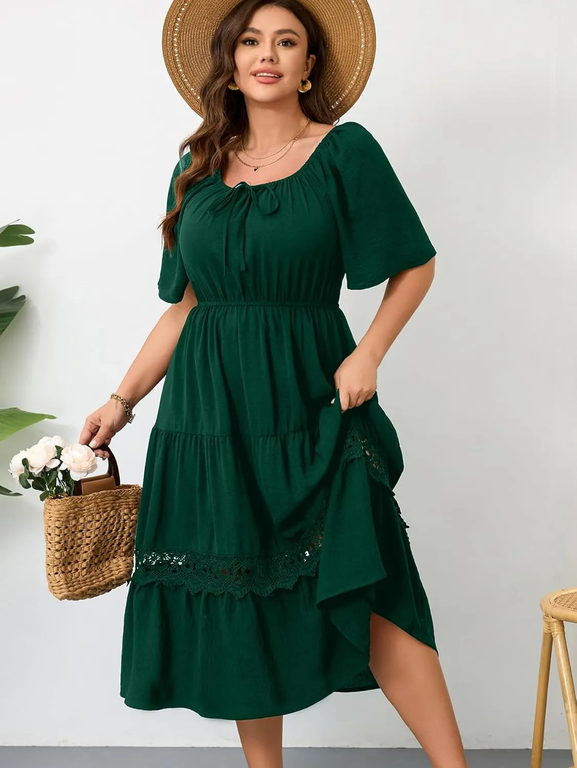 RWJ Women's Plus Size Maxi Dress Short Sleeve Square Neck Flowy A-Line Lace Trim Flutter Party Casual Off Shoulder Dresses