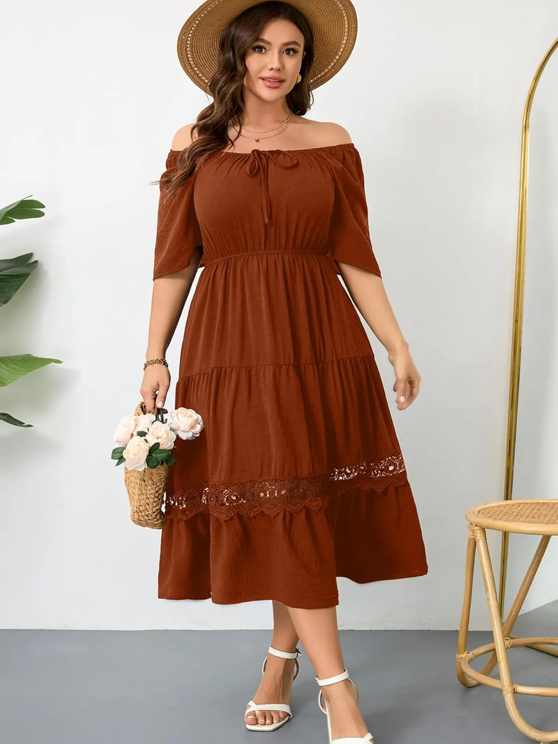 RWJ Women's Plus Size Maxi Dress Short Sleeve Square Neck Flowy A-Line Lace Trim Flutter Party Casual Off Shoulder Dresses