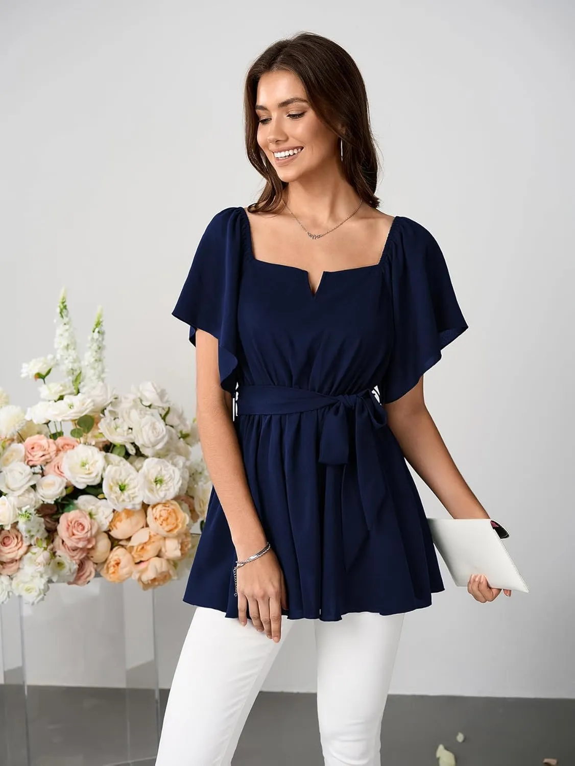 SCOMCHIC Women's Plus Size Off The Shoulder Peplum Blouse Top Half Bell Sleeve Tie Waist Ruffle Hem Babydoll Tops