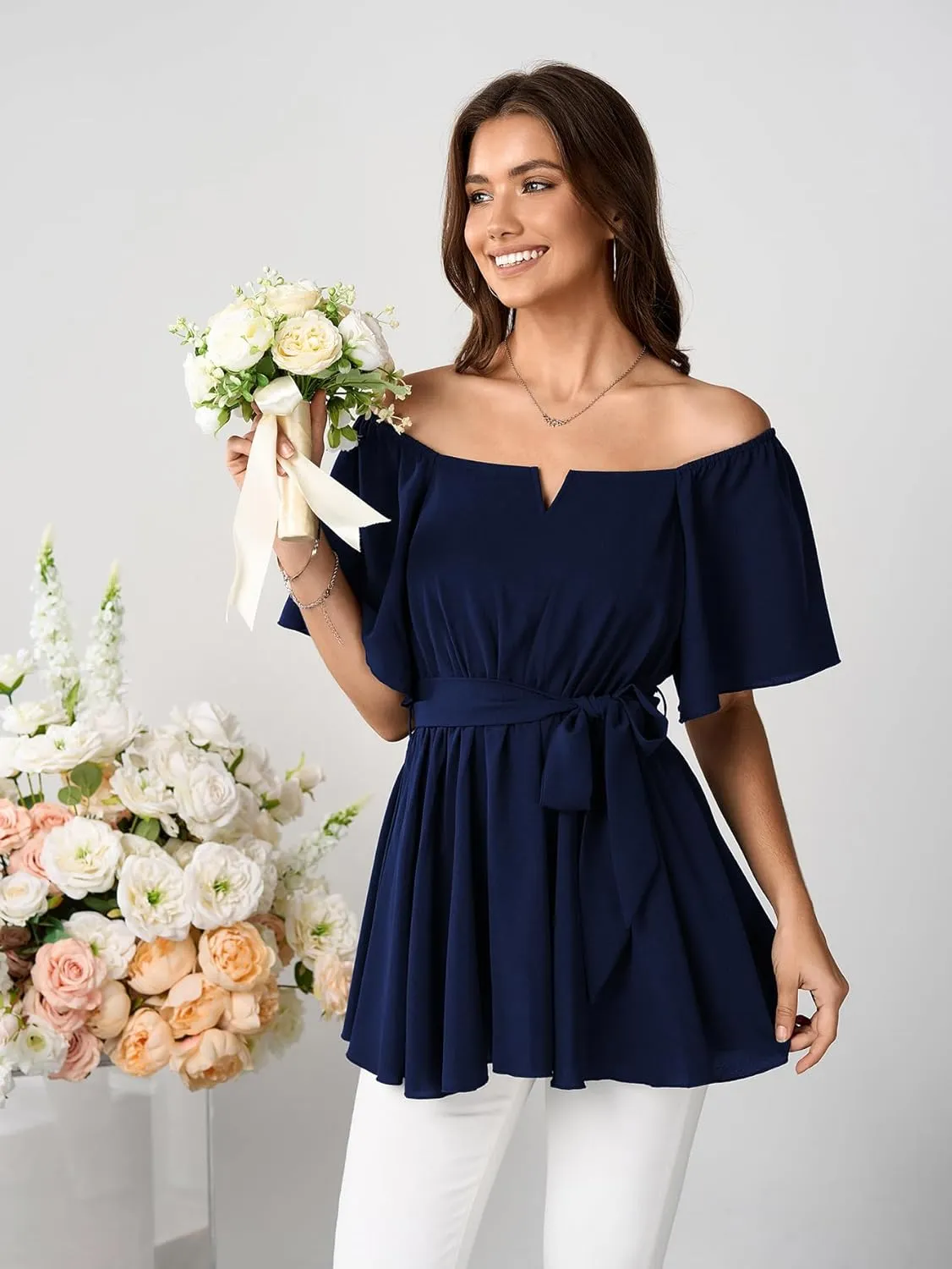 SCOMCHIC Women's Plus Size Off The Shoulder Peplum Blouse Top Half Bell Sleeve Tie Waist Ruffle Hem Babydoll Tops
