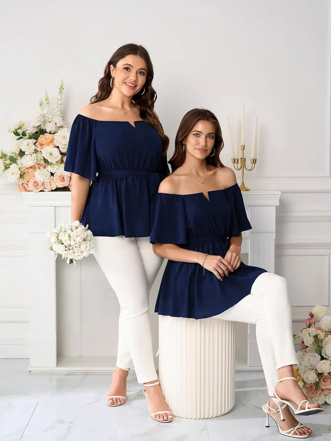SCOMCHIC Women's Plus Size Off The Shoulder Peplum Blouse Top Half Bell Sleeve Tie Waist Ruffle Hem Babydoll Tops