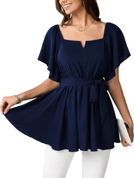 SCOMCHIC Women's Plus Size Off The Shoulder Peplum Blouse Top Half Bell Sleeve Tie Waist Ruffle Hem Babydoll Tops