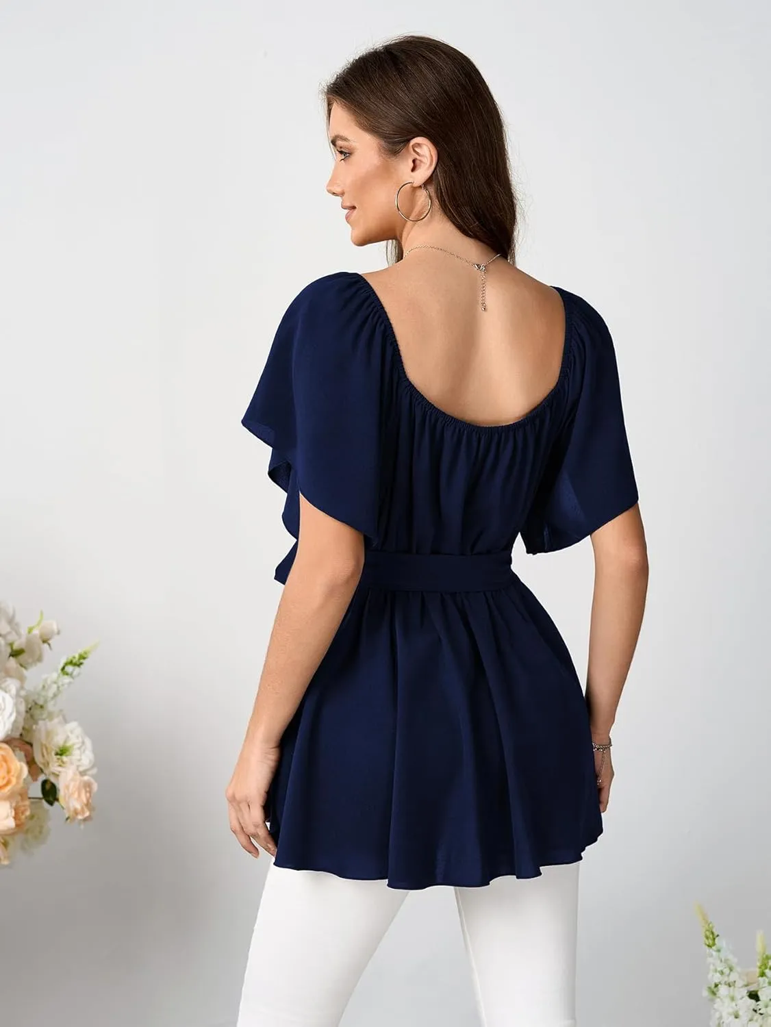 SCOMCHIC Women's Plus Size Off The Shoulder Peplum Blouse Top Half Bell Sleeve Tie Waist Ruffle Hem Babydoll Tops
