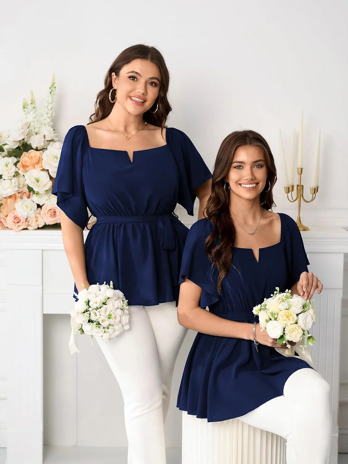 SCOMCHIC Women's Plus Size Off The Shoulder Peplum Blouse Top Half Bell Sleeve Tie Waist Ruffle Hem Babydoll Tops
