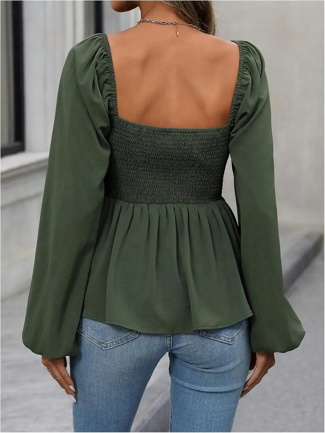 SHENHE Women's Square Neck Lantern Long Sleeve Peplum Top Smocked Ruffle Hem Babydoll Blouse