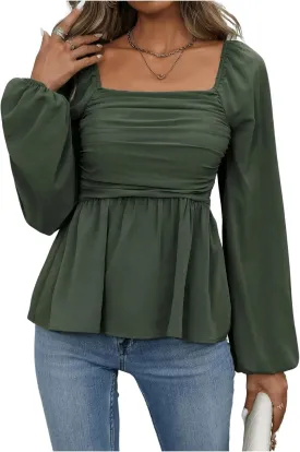 SHENHE Women's Square Neck Lantern Long Sleeve Peplum Top Smocked Ruffle Hem Babydoll Blouse