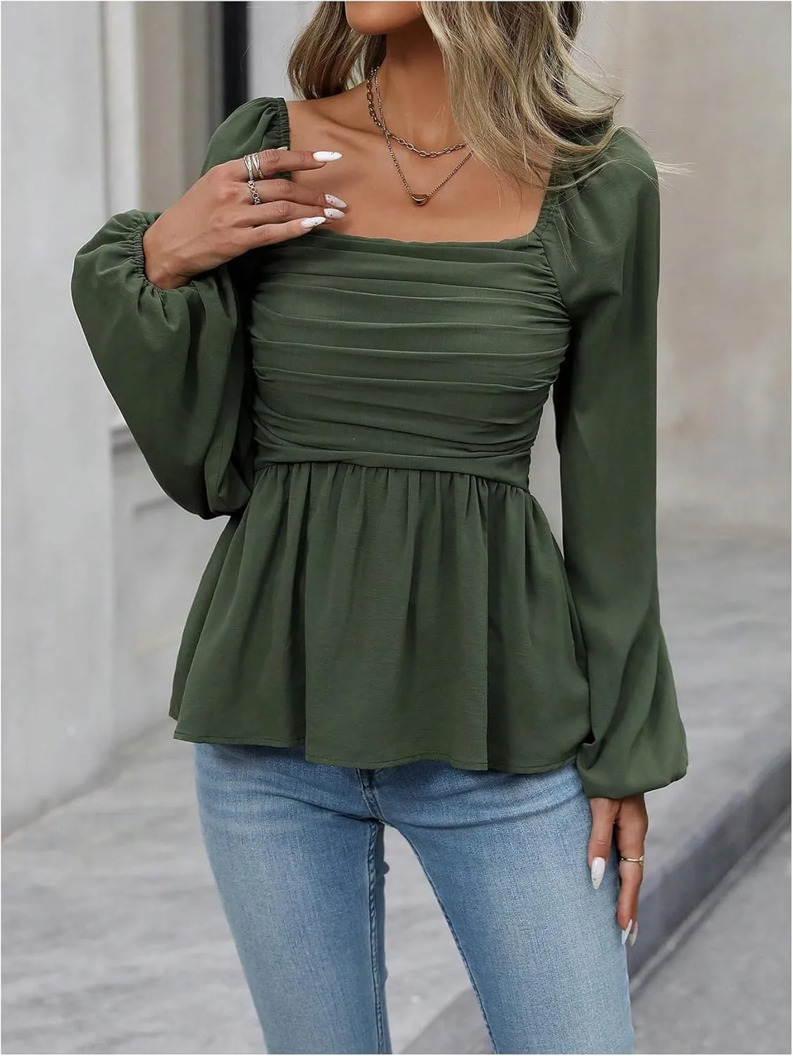 SHENHE Women's Square Neck Lantern Long Sleeve Peplum Top Smocked Ruffle Hem Babydoll Blouse