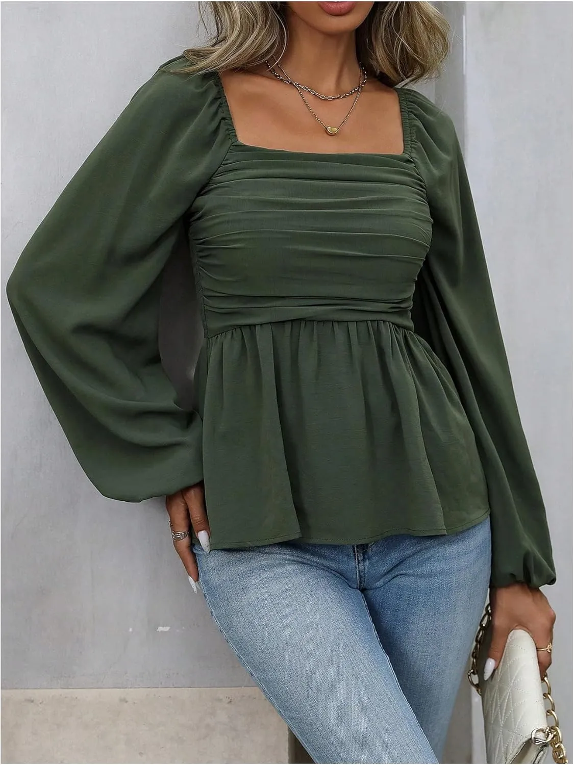 SHENHE Women's Square Neck Lantern Long Sleeve Peplum Top Smocked Ruffle Hem Babydoll Blouse