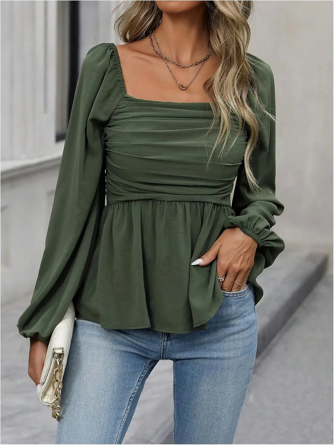 SHENHE Women's Square Neck Lantern Long Sleeve Peplum Top Smocked Ruffle Hem Babydoll Blouse