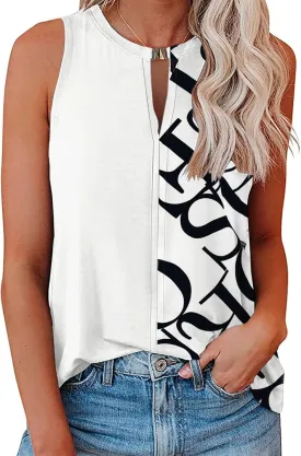 Soesdemo Tank Top for Women Keyhole V Neck Sleeveless Summer Casual Loose Fit Business Cute Floral Basic Shirt Blouse