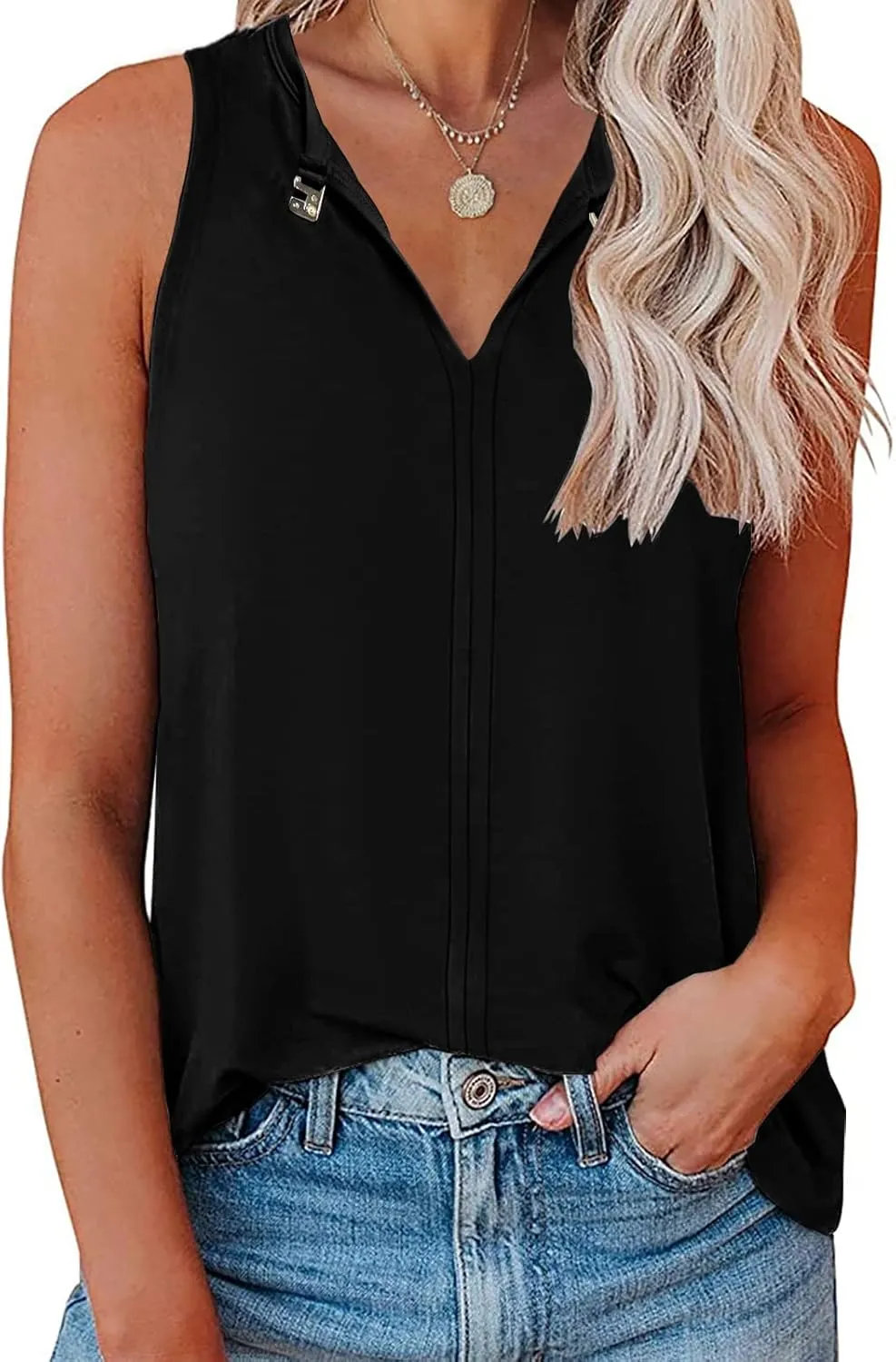 Soesdemo Tank Top for Women Keyhole V Neck Sleeveless Summer Casual Loose Fit Business Cute Floral Basic Shirt Blouse