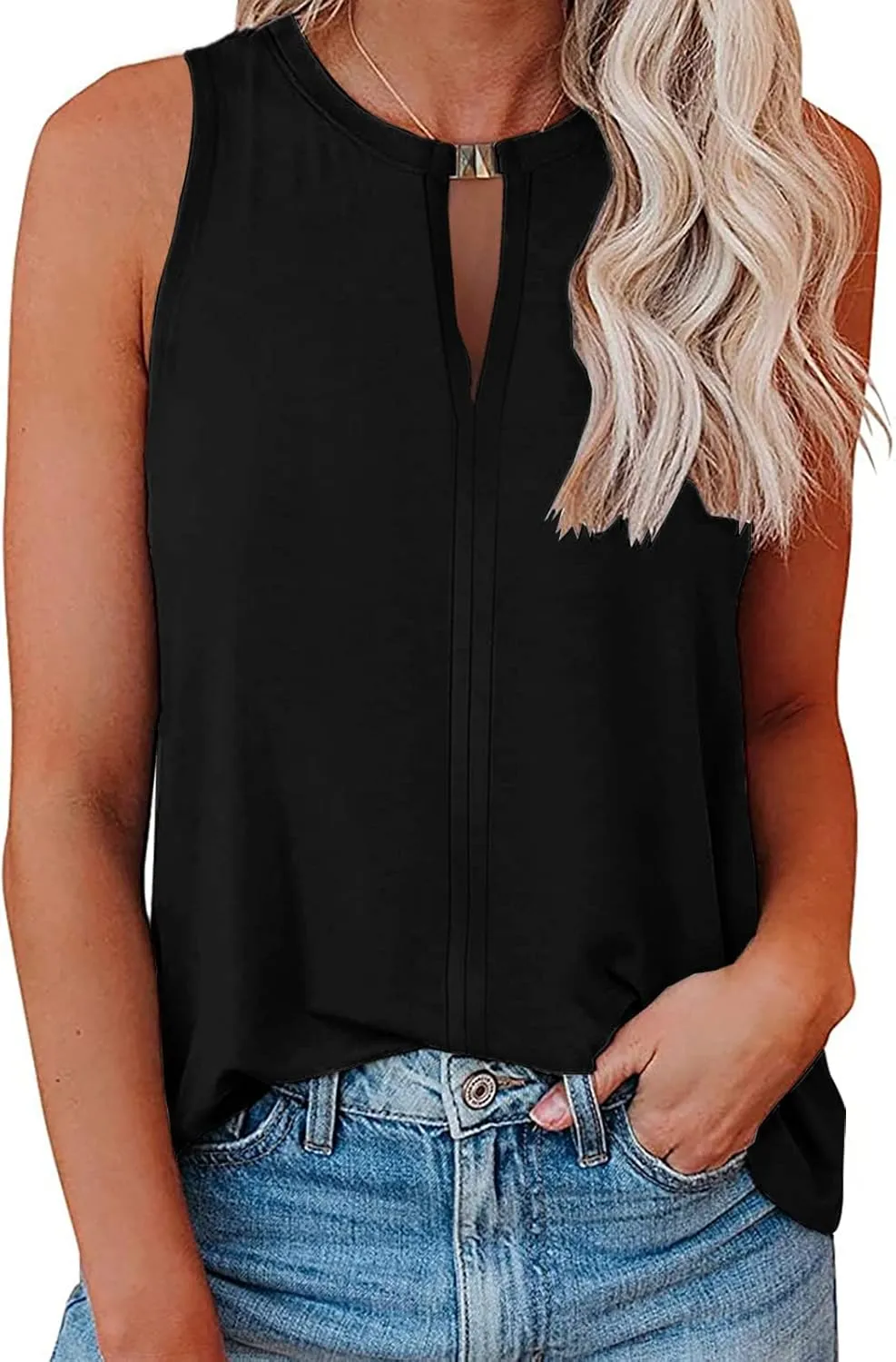 Soesdemo Tank Top for Women Keyhole V Neck Sleeveless Summer Casual Loose Fit Business Cute Floral Basic Shirt Blouse