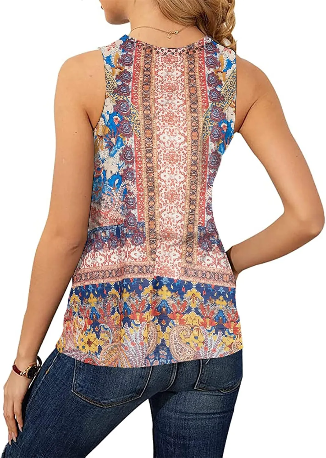 Soesdemo Tank Top for Women Keyhole V Neck Sleeveless Summer Casual Loose Fit Business Cute Floral Basic Shirt Blouse