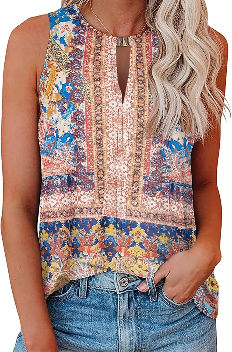 Soesdemo Tank Top for Women Keyhole V Neck Sleeveless Summer Casual Loose Fit Business Cute Floral Basic Shirt Blouse