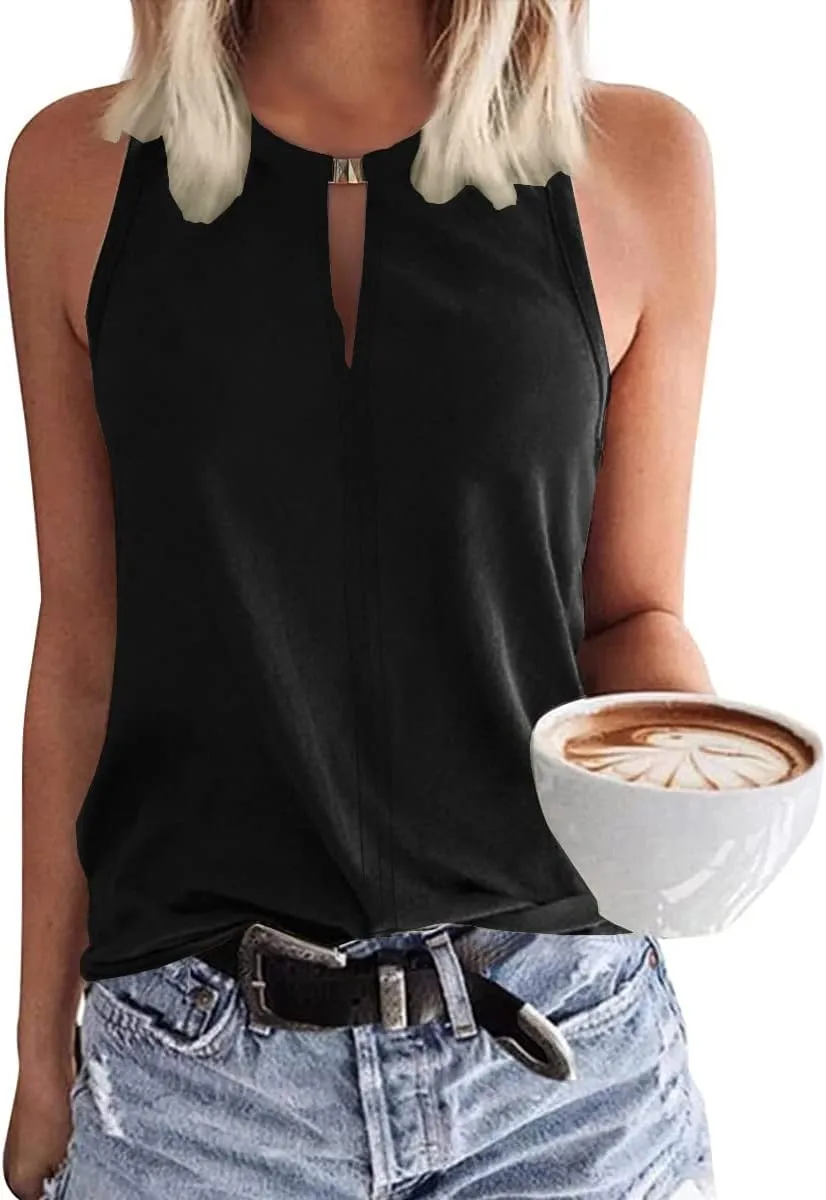 Soesdemo Tank Top for Women Keyhole V Neck Sleeveless Summer Casual Loose Fit Business Cute Floral Basic Shirt Blouse